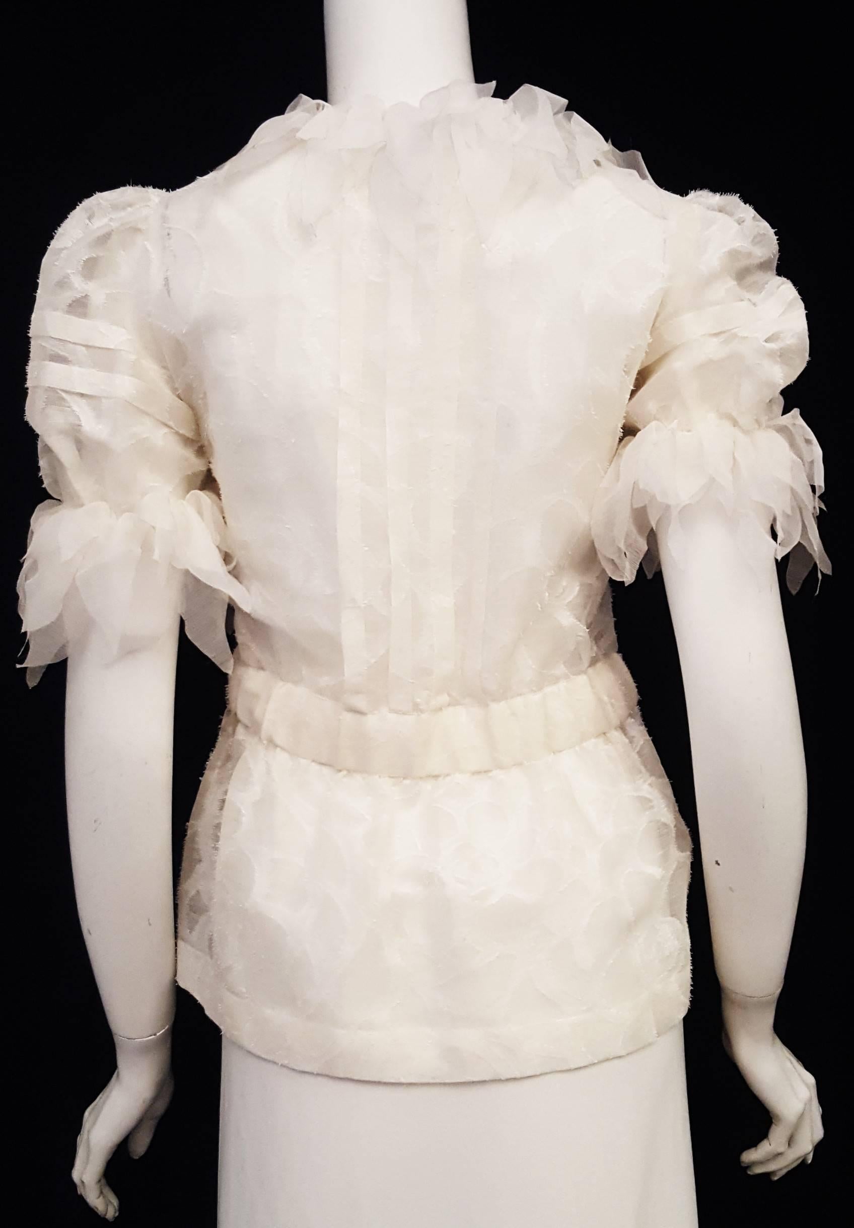 Chanel White on White Sheer Frayed Silk w/ Petal Like Ruffles Collar Blouse 1