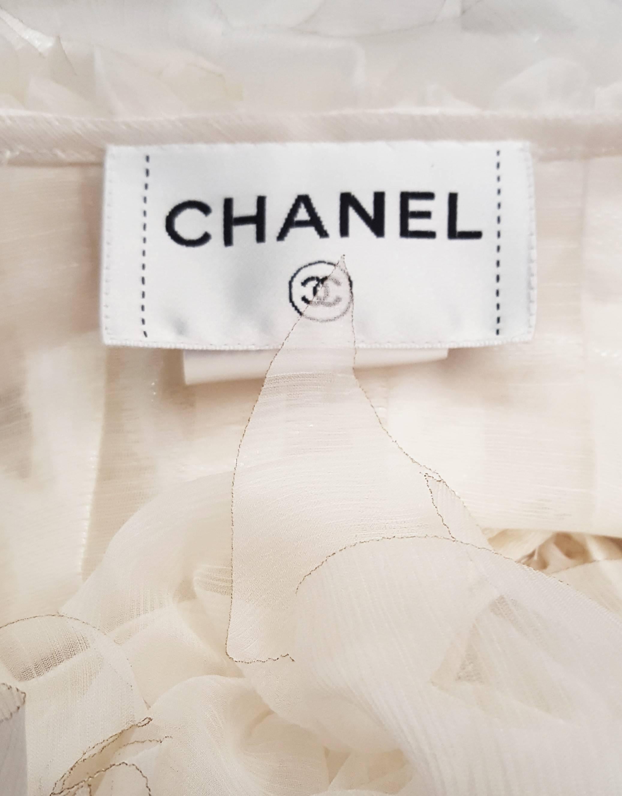 Chanel White on White Sheer Frayed Silk w/ Petal Like Ruffles Collar Blouse 2