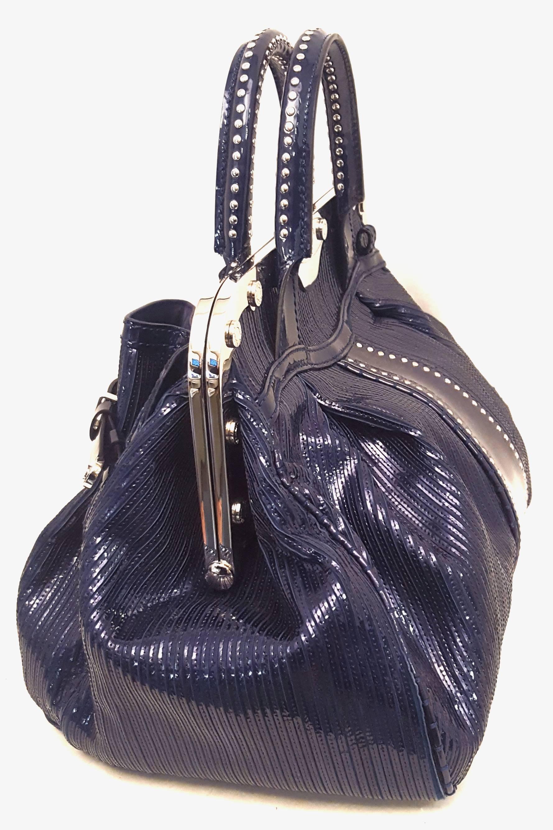 Versace Limited Edition Blue Glitz Patent Leather Satchel In Excellent Condition In Palm Beach, FL