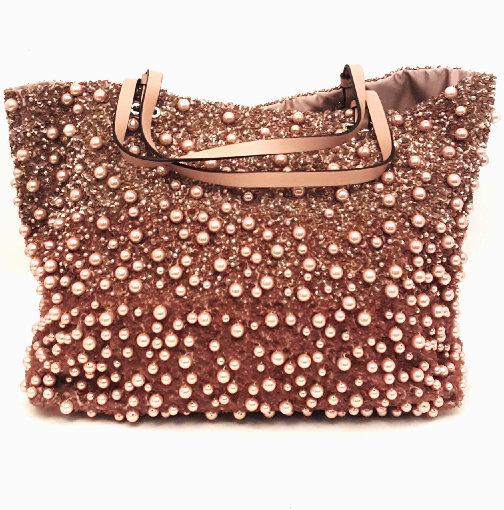 Brown Valentino Faux Pearl Ombre Tote with Sequins on Satin 