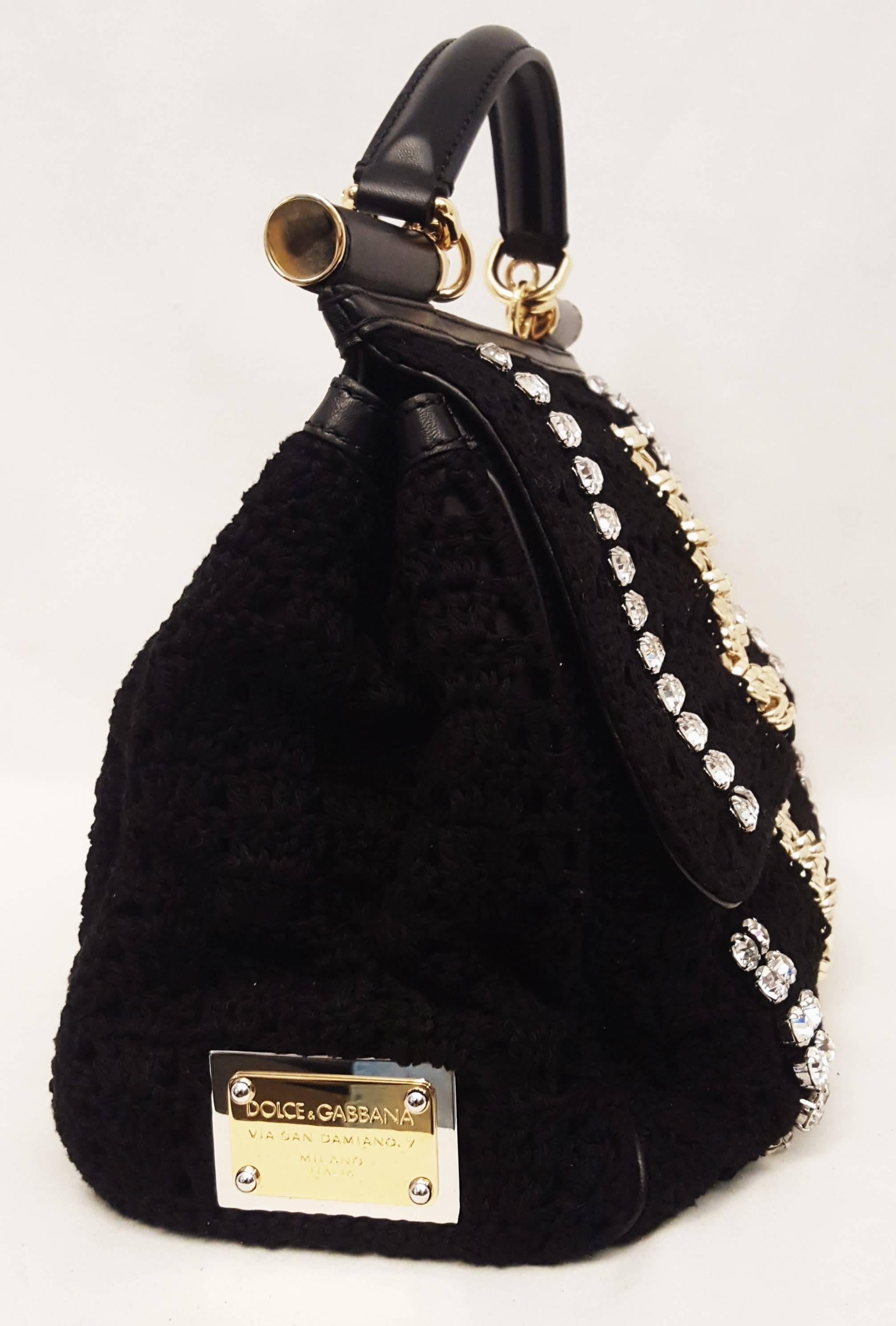 Dolce & Gabbana Black Crochet Crystal and Chain Decorated Top Handle Bag In Excellent Condition In Palm Beach, FL