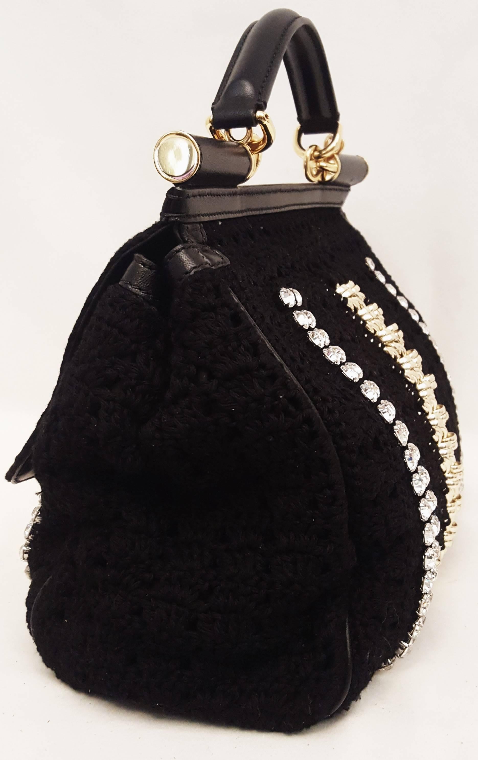 Dolce & Gabbana Black Crochet Crystal and Chain Decorated Top Handle Bag 1