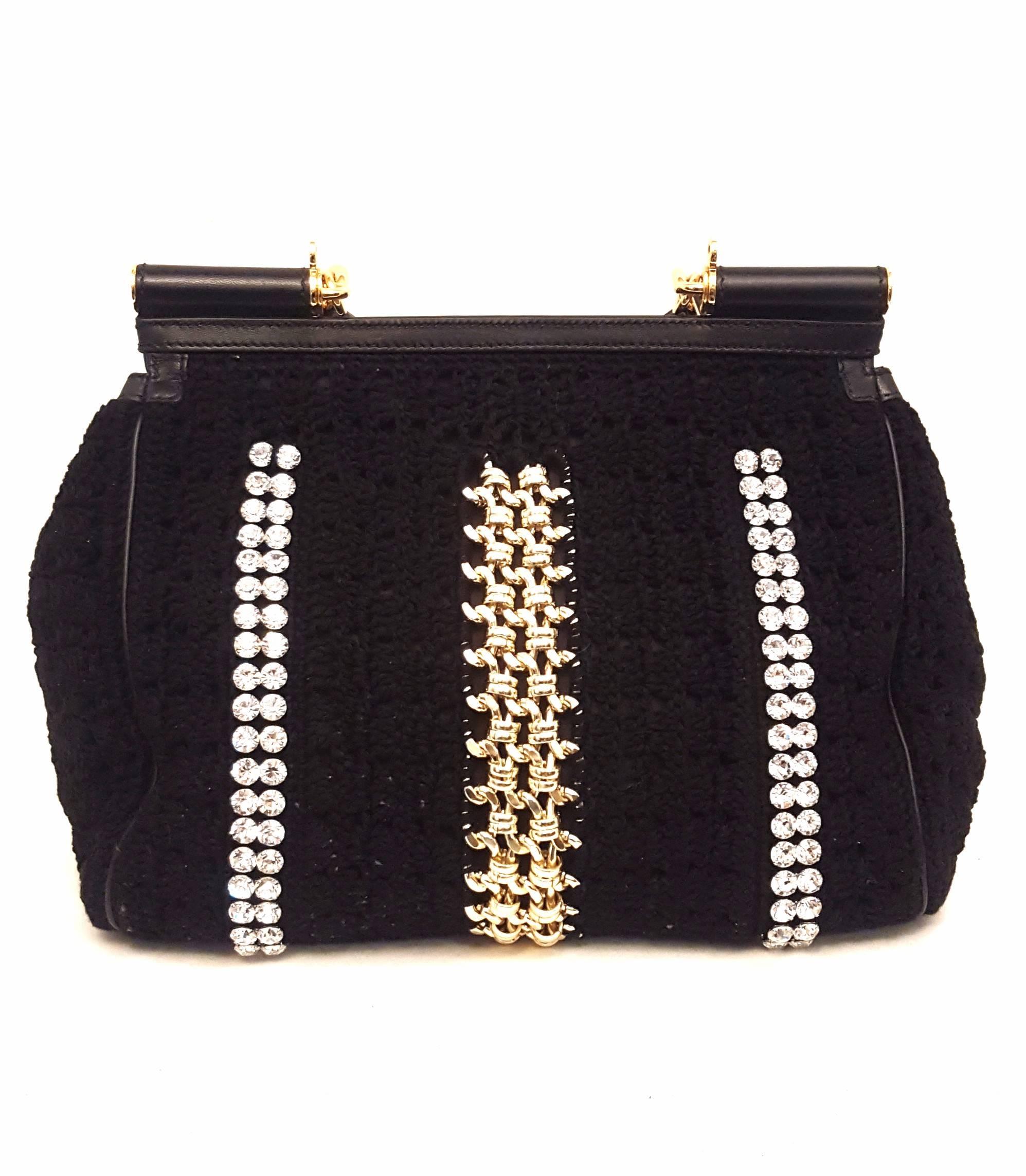 Women's Dolce & Gabbana Black Crochet Crystal and Chain Decorated Top Handle Bag