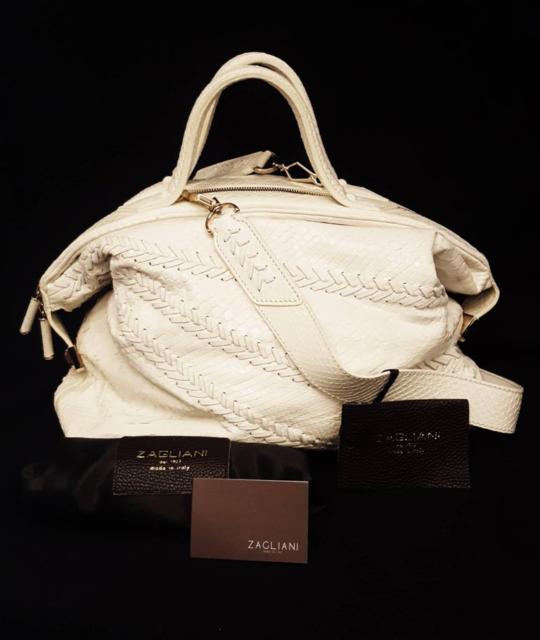 Zagliani Ivory Large Python and Leather Puffy Bag w/ Double Top Handles ...