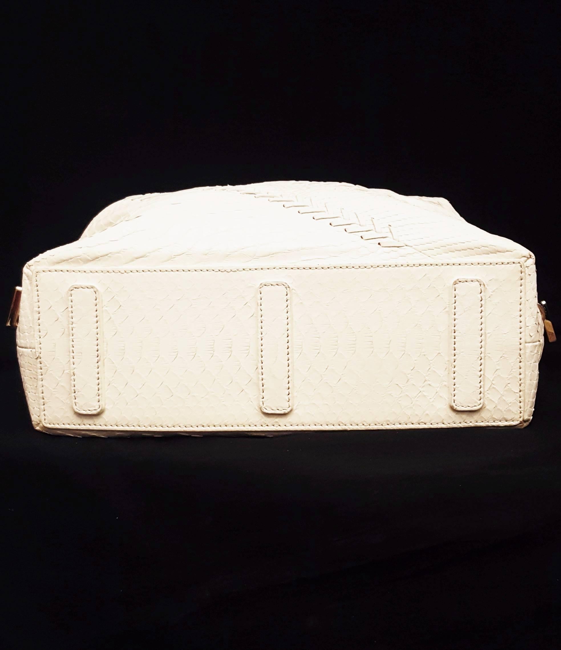 Beige Zagliani Ivory Large Python and Leather Puffy Bag w/ Double Top Handles  For Sale