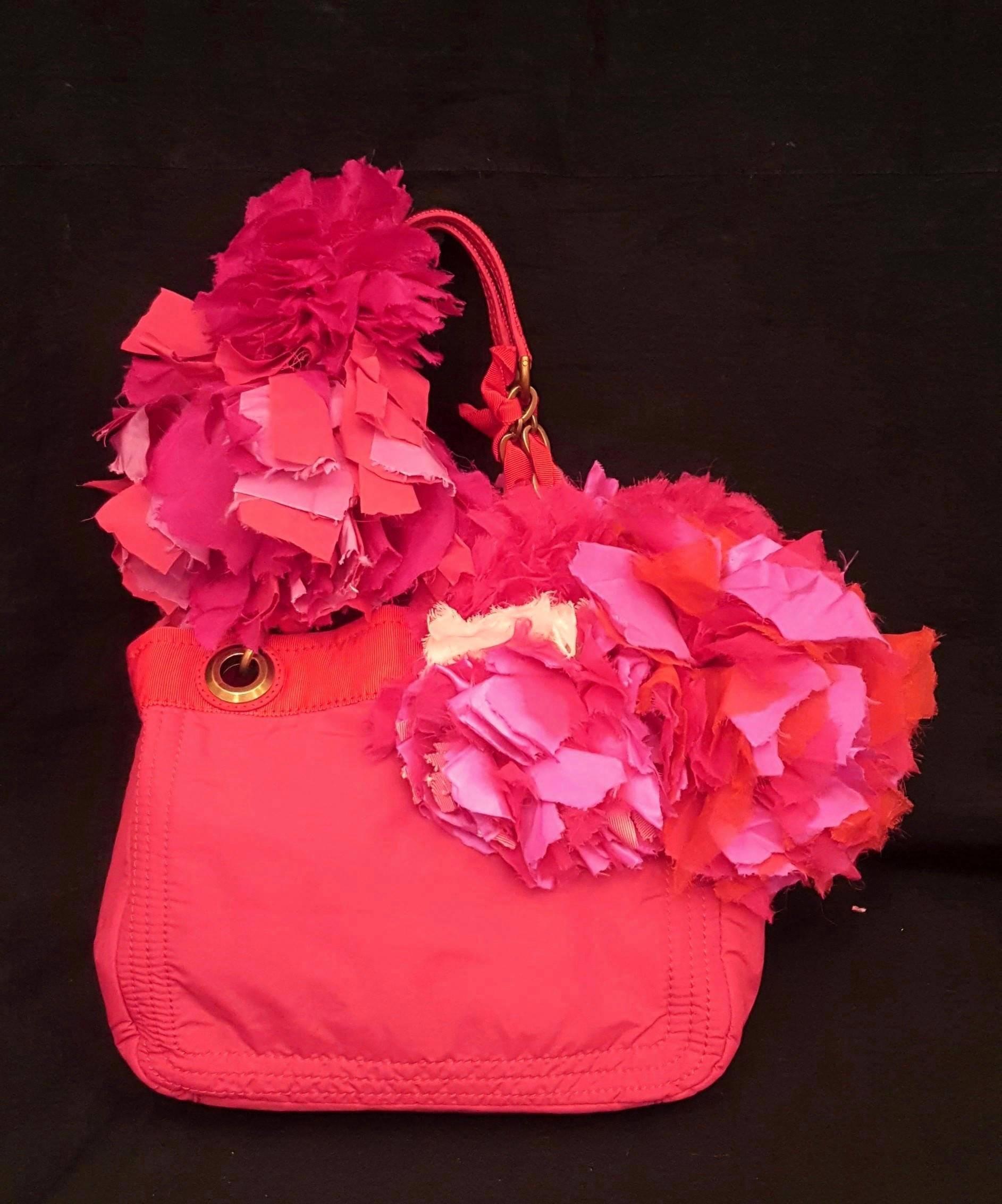 Lanvin Red Nylon Tote w/Chiffon, Silk & Grosgrain Cut Strips Flowers Decor 1