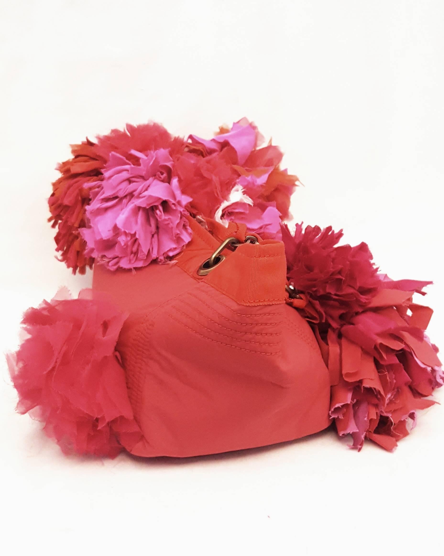 Women's Lanvin Red Nylon Tote w/Chiffon, Silk & Grosgrain Cut Strips Flowers Decor