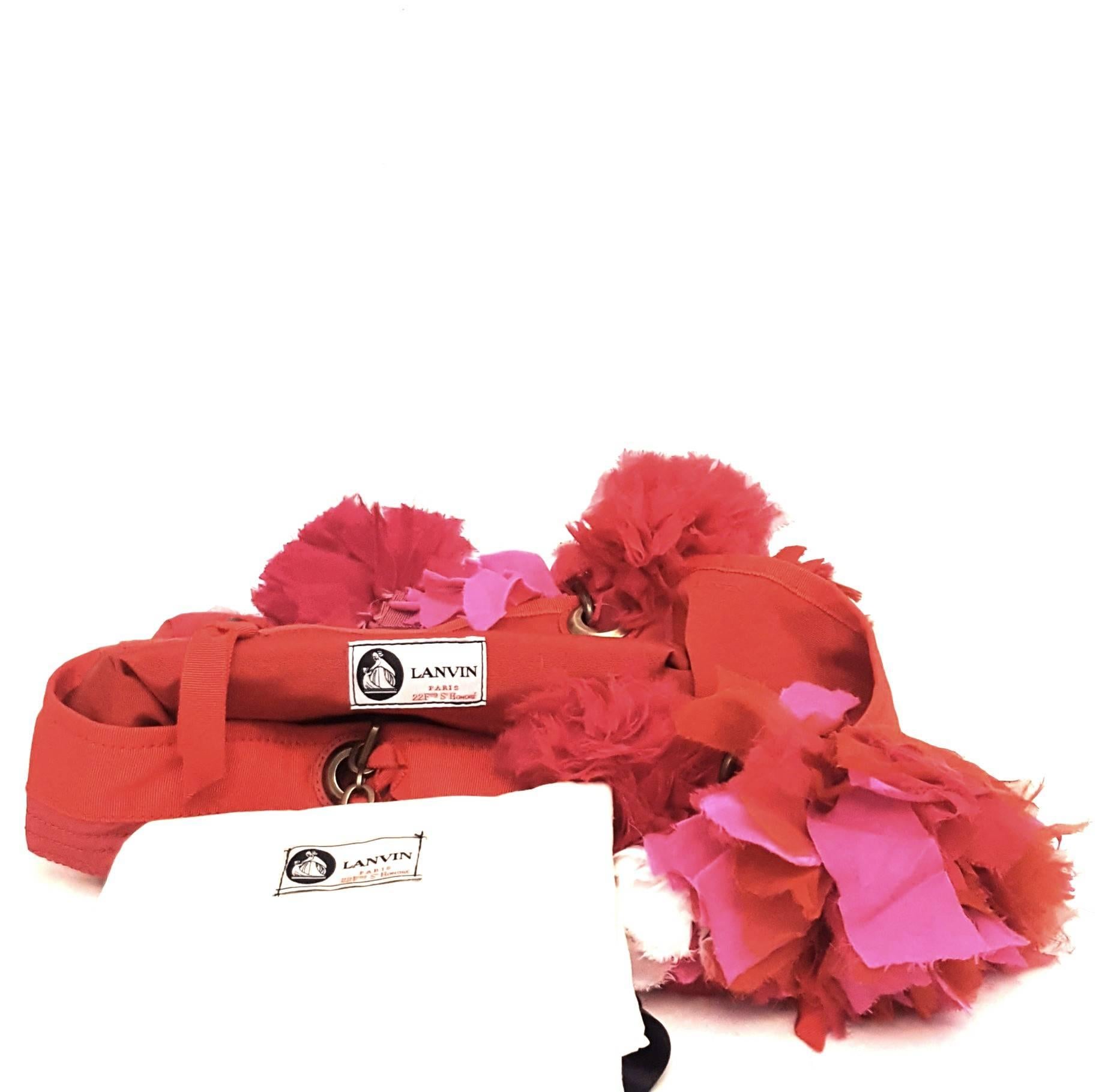 Lanvin Red Nylon Tote w/Chiffon, Silk & Grosgrain Cut Strips Flowers Decor 4