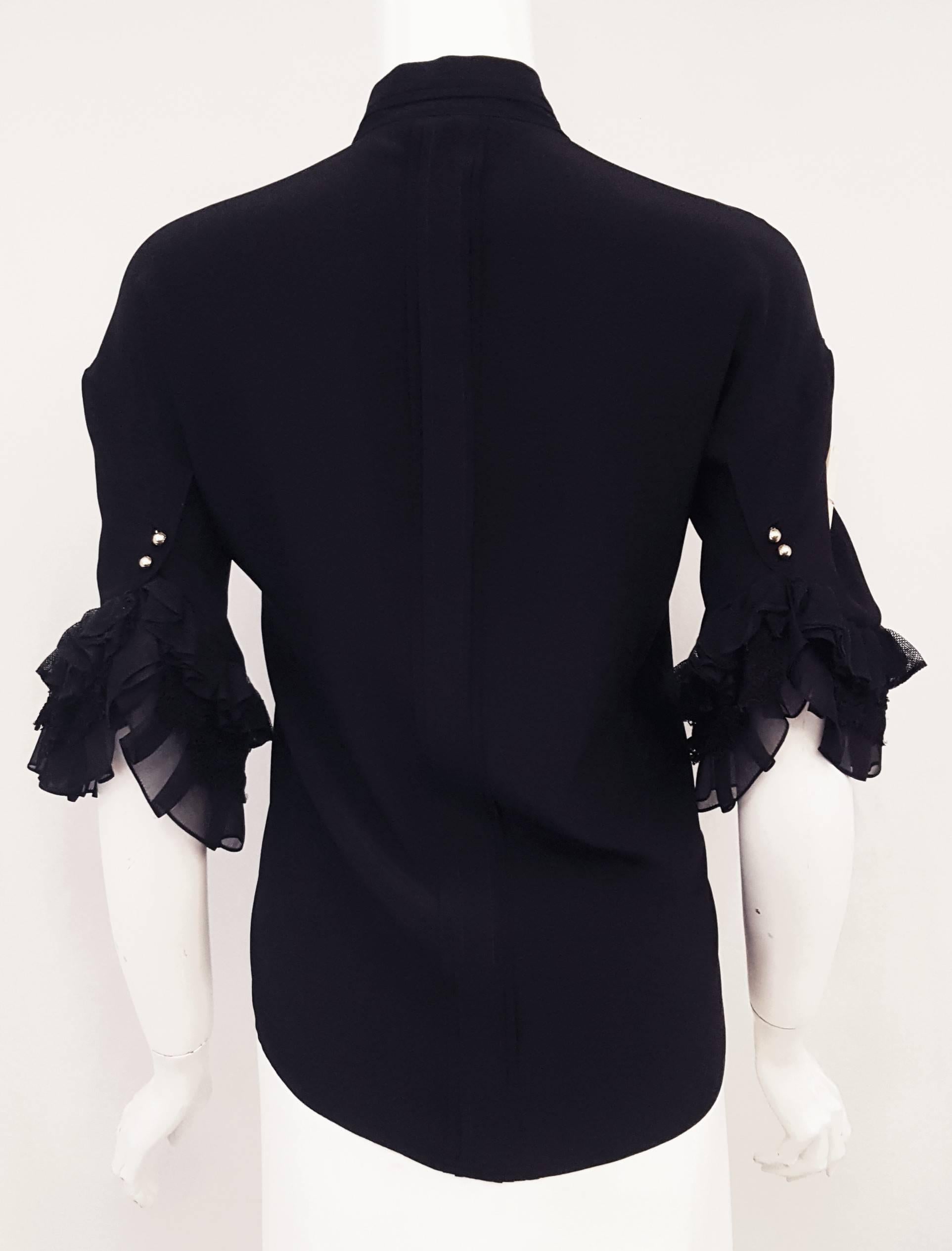 Roberto Cavalli Black Silk Ruffled Short Sleeve Blouse In Excellent Condition In Palm Beach, FL