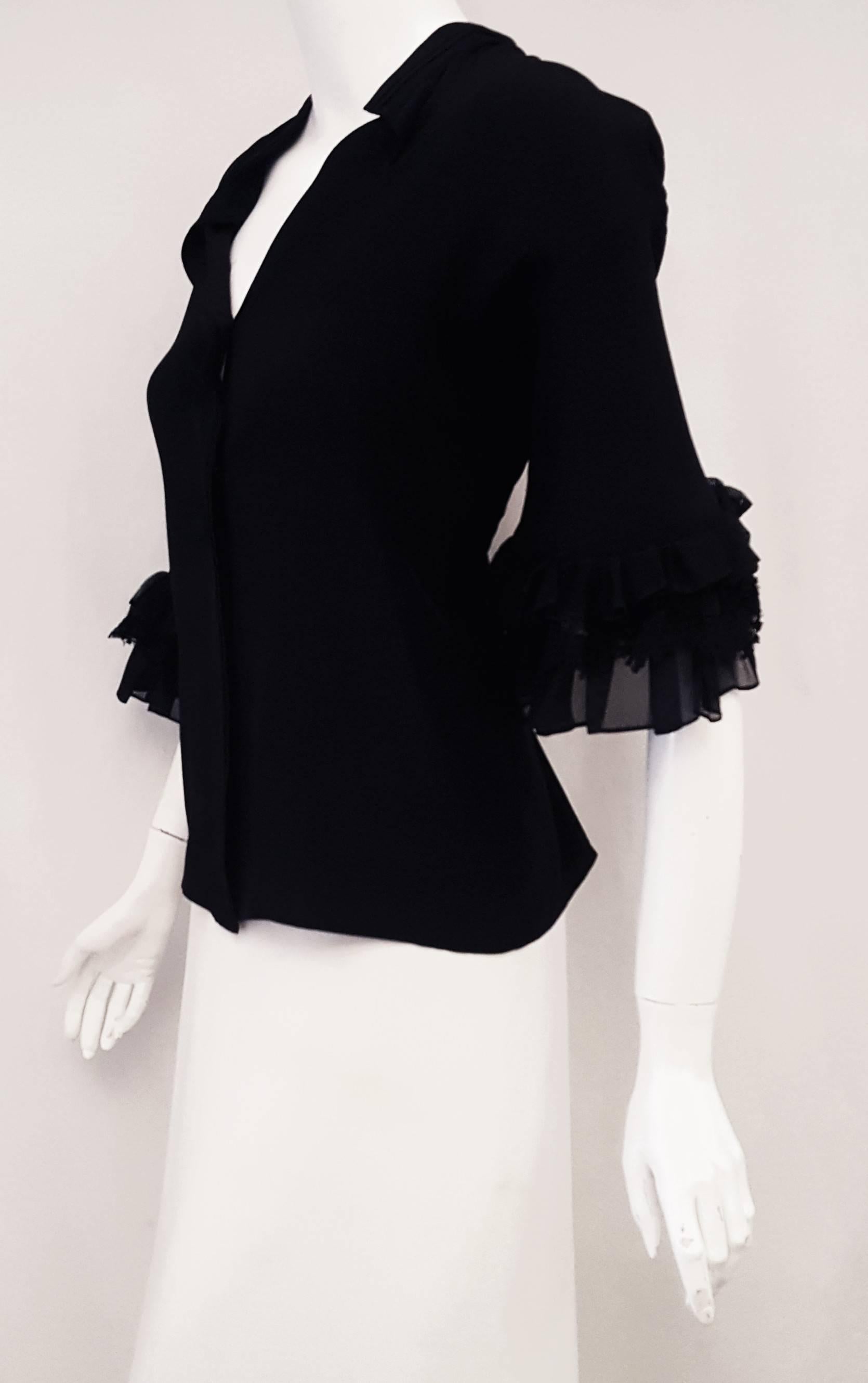 Women's Roberto Cavalli Black Silk Ruffled Short Sleeve Blouse