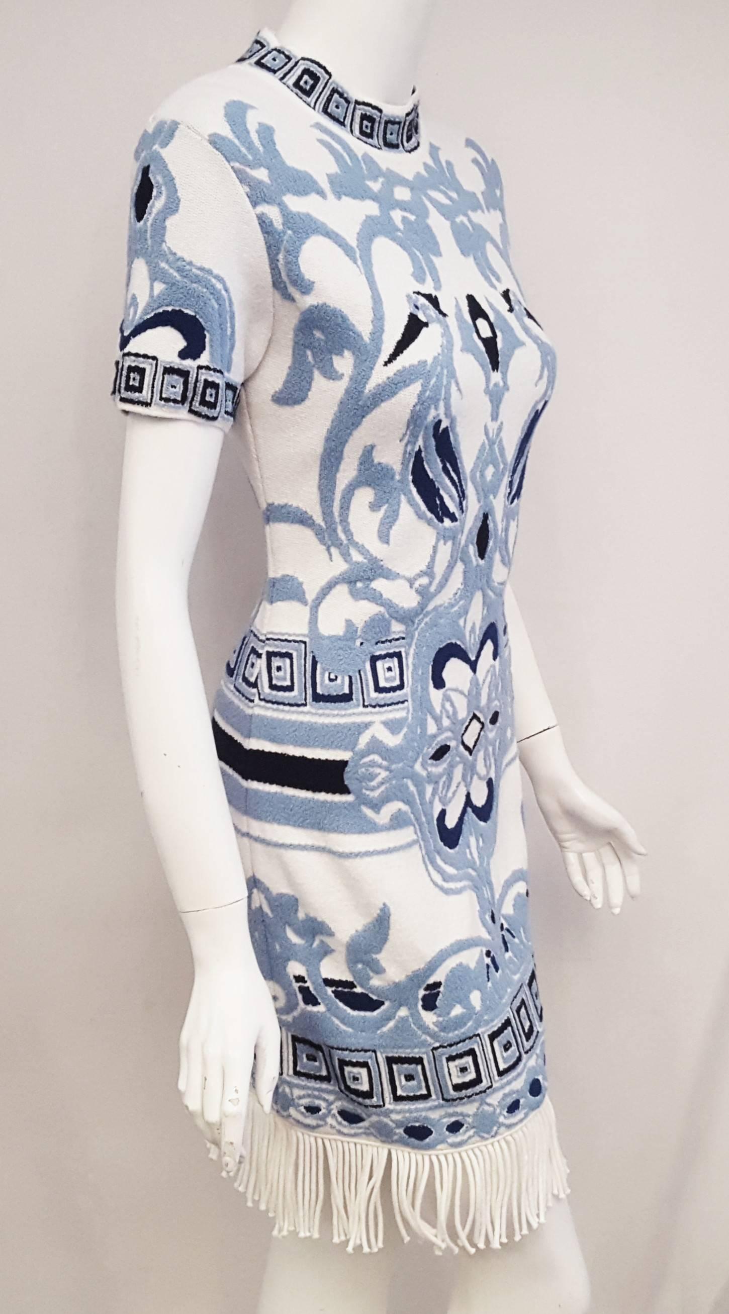 Gray Emilio Pucci White & Blue Cotton Knit Fringe Dress