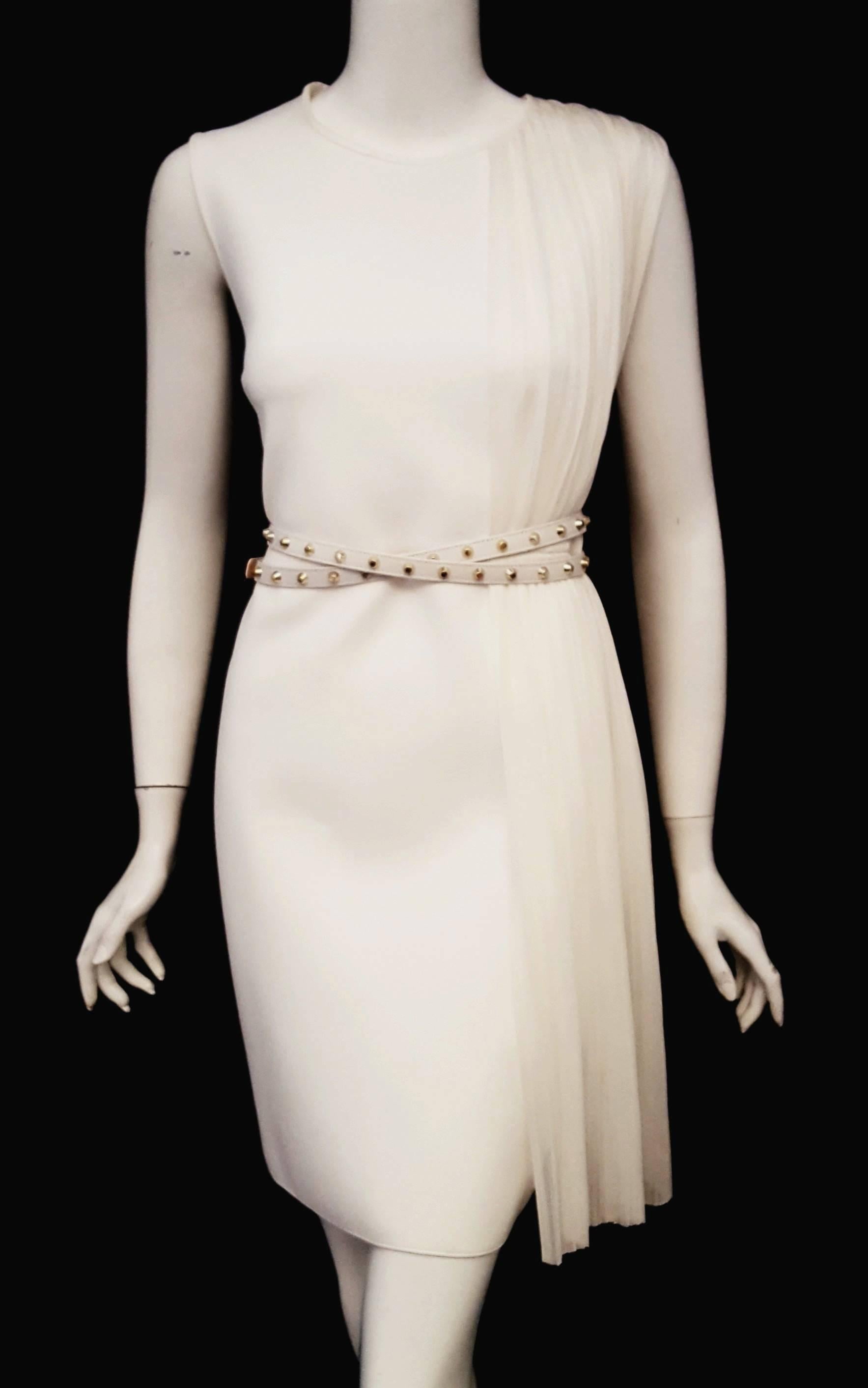 Gray Versace Ivory Sleeveless Side Pleated Dress with Studded Leather Belt 46 EU