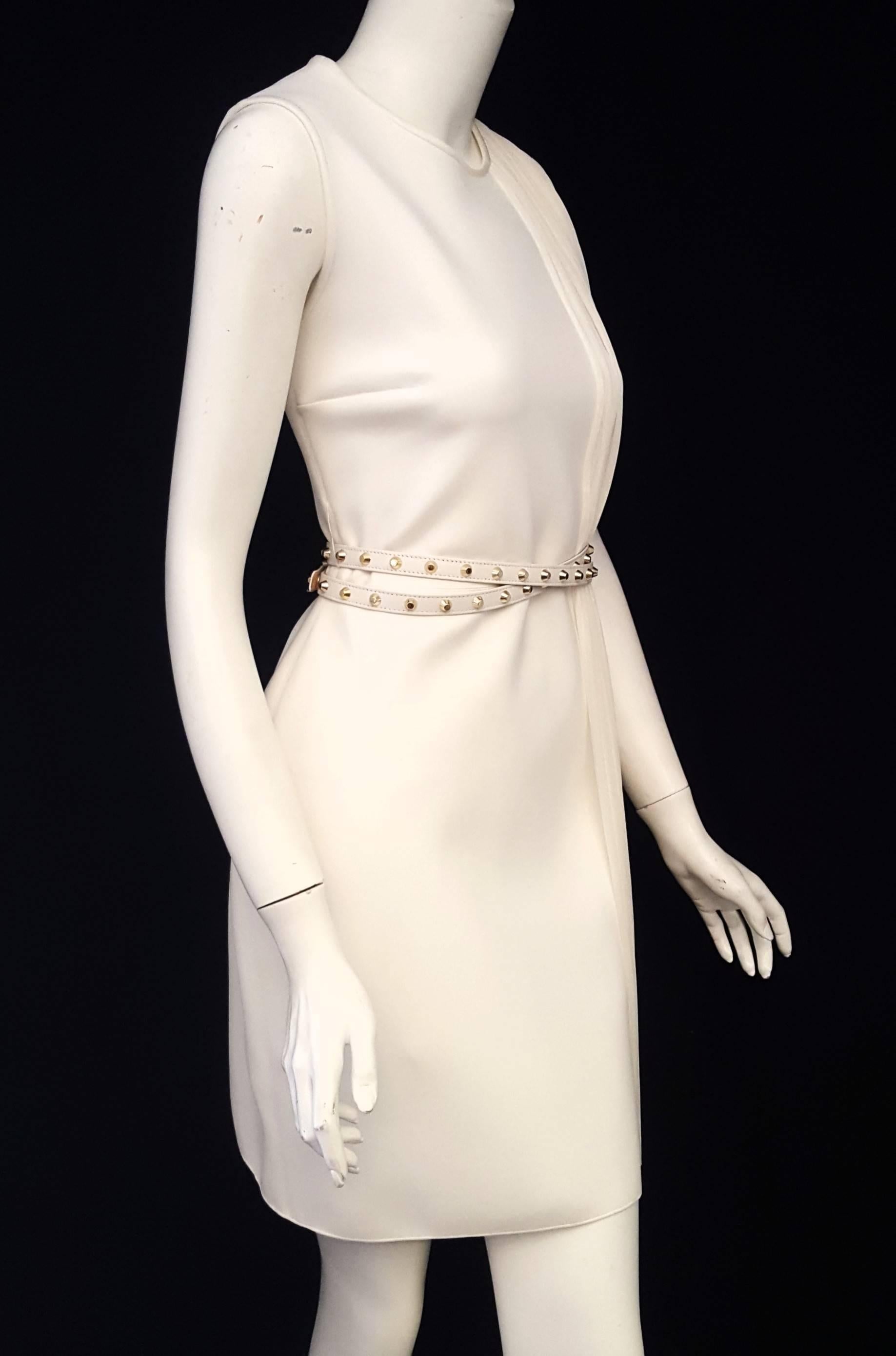 Versace Ivory Sleeveless Side Pleated Dress with Studded Leather Belt 46 EU In Excellent Condition In Palm Beach, FL