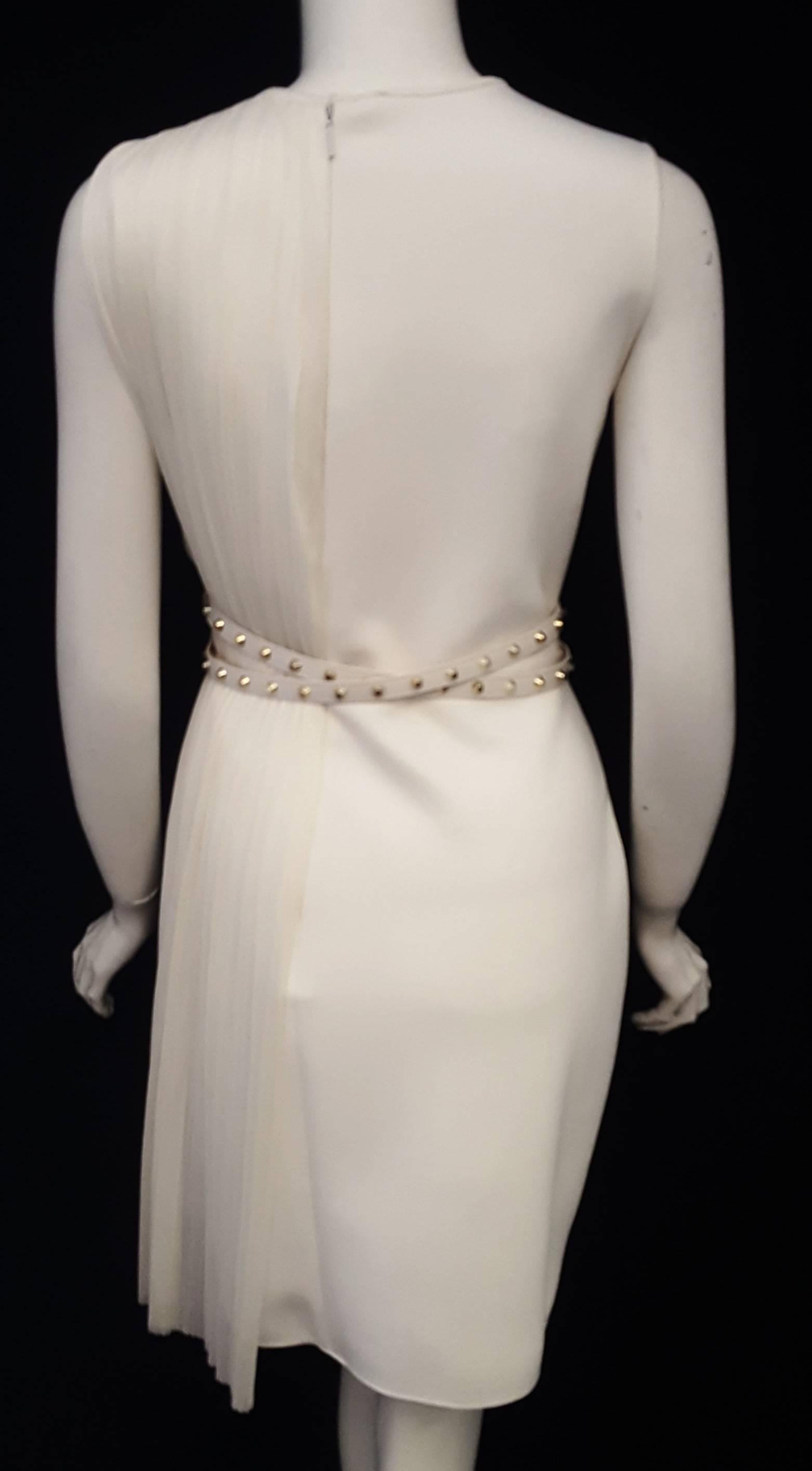 Women's Versace Ivory Sleeveless Side Pleated Dress with Studded Leather Belt 46 EU