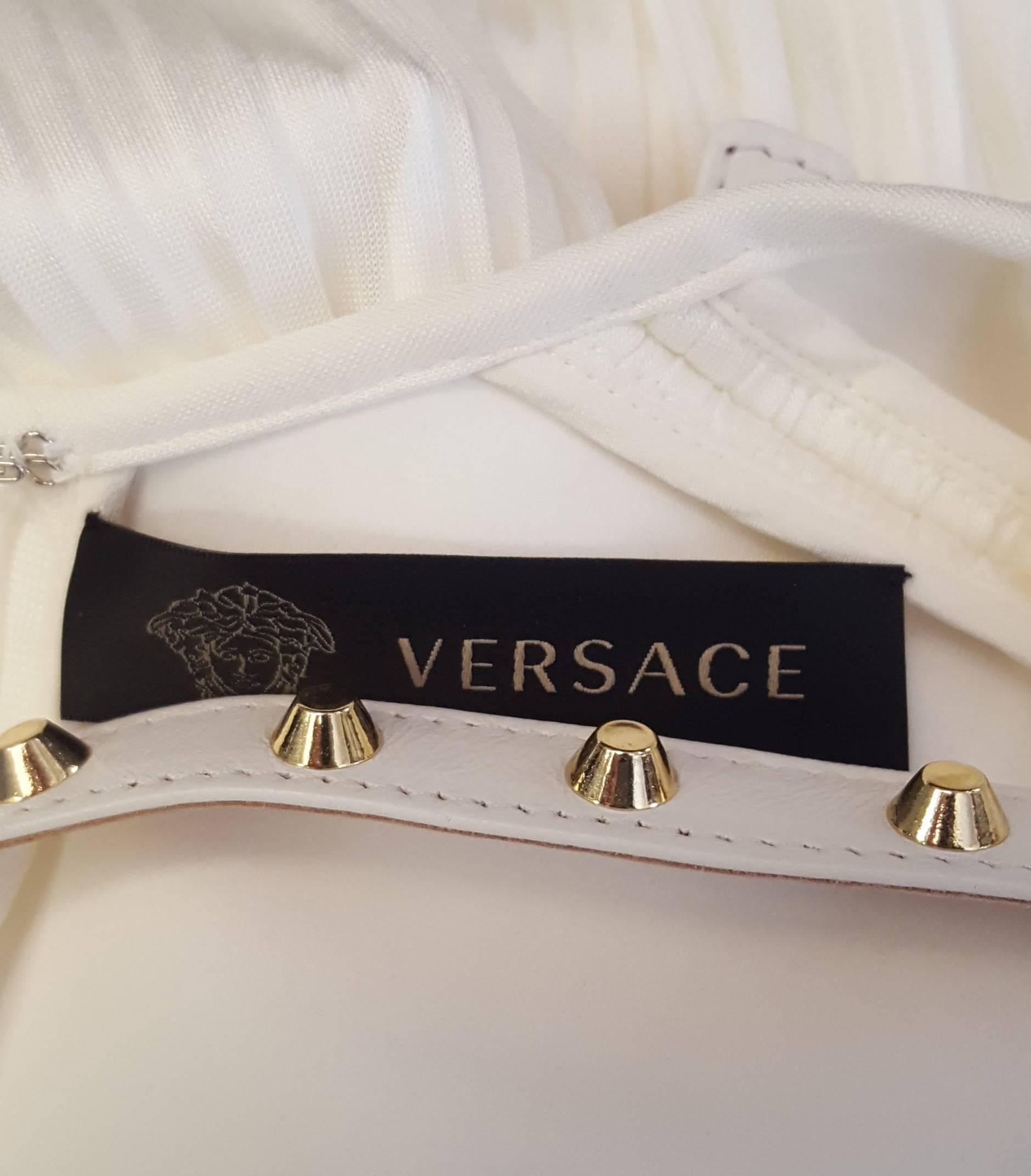 Versace Ivory Sleeveless Side Pleated Dress with Studded Leather Belt 46 EU 1