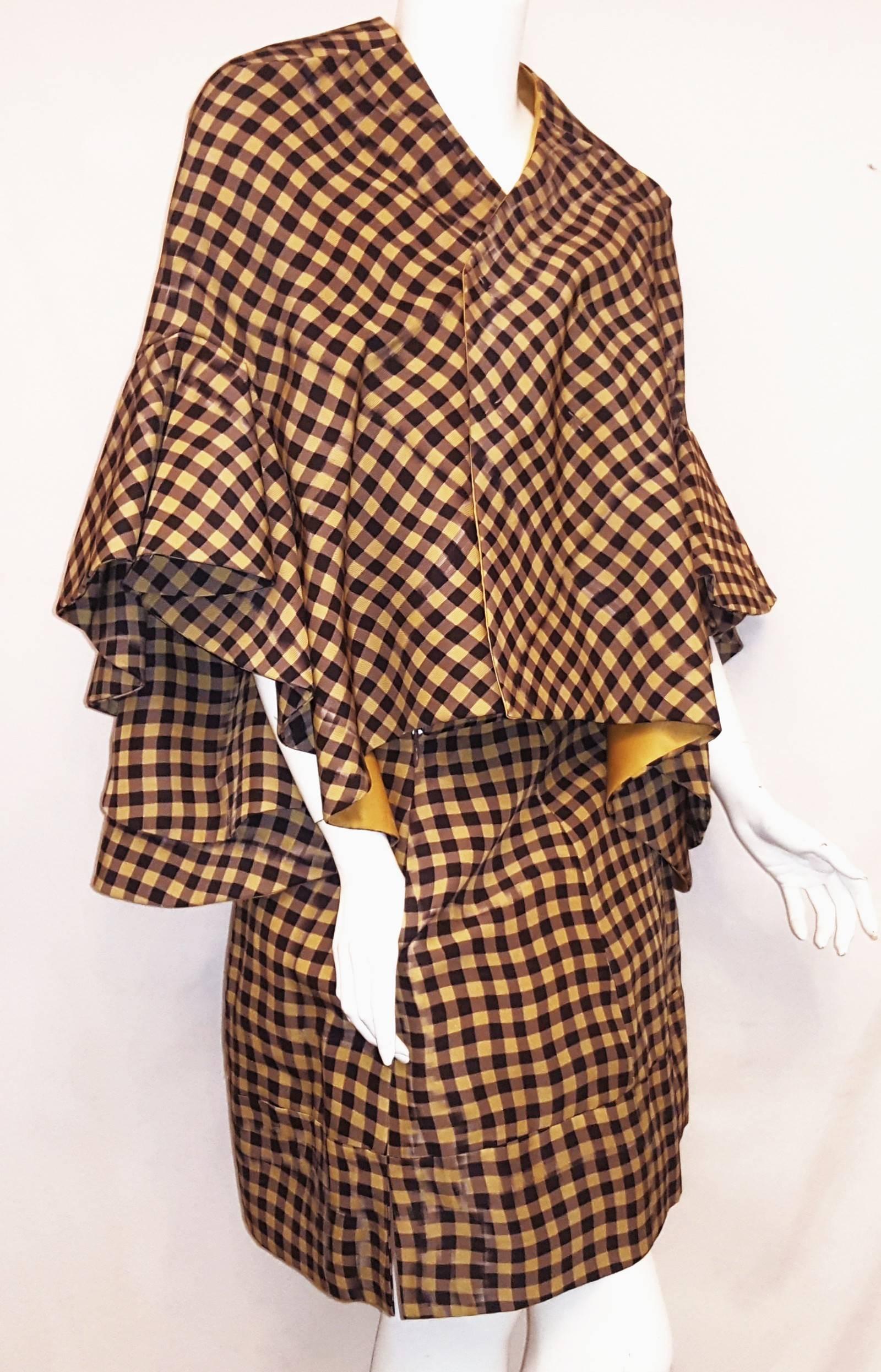 Delpozo Brown Yellow Silk Blend Check Print Jacket with Skirt Ensemble 44 EU In Excellent Condition For Sale In Palm Beach, FL