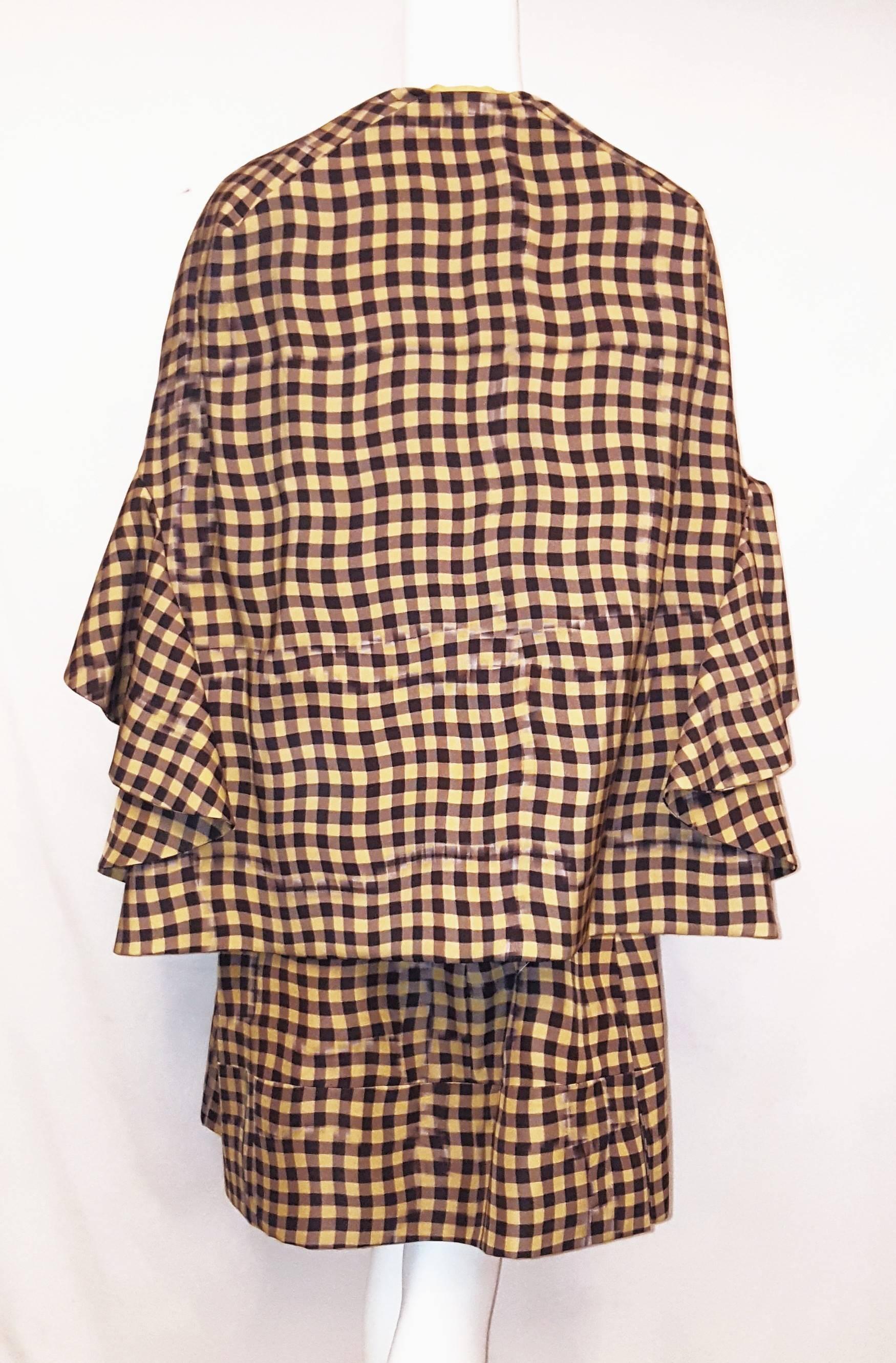 Black Delpozo Brown Yellow Silk Blend Check Print Jacket with Skirt Ensemble 44 EU For Sale