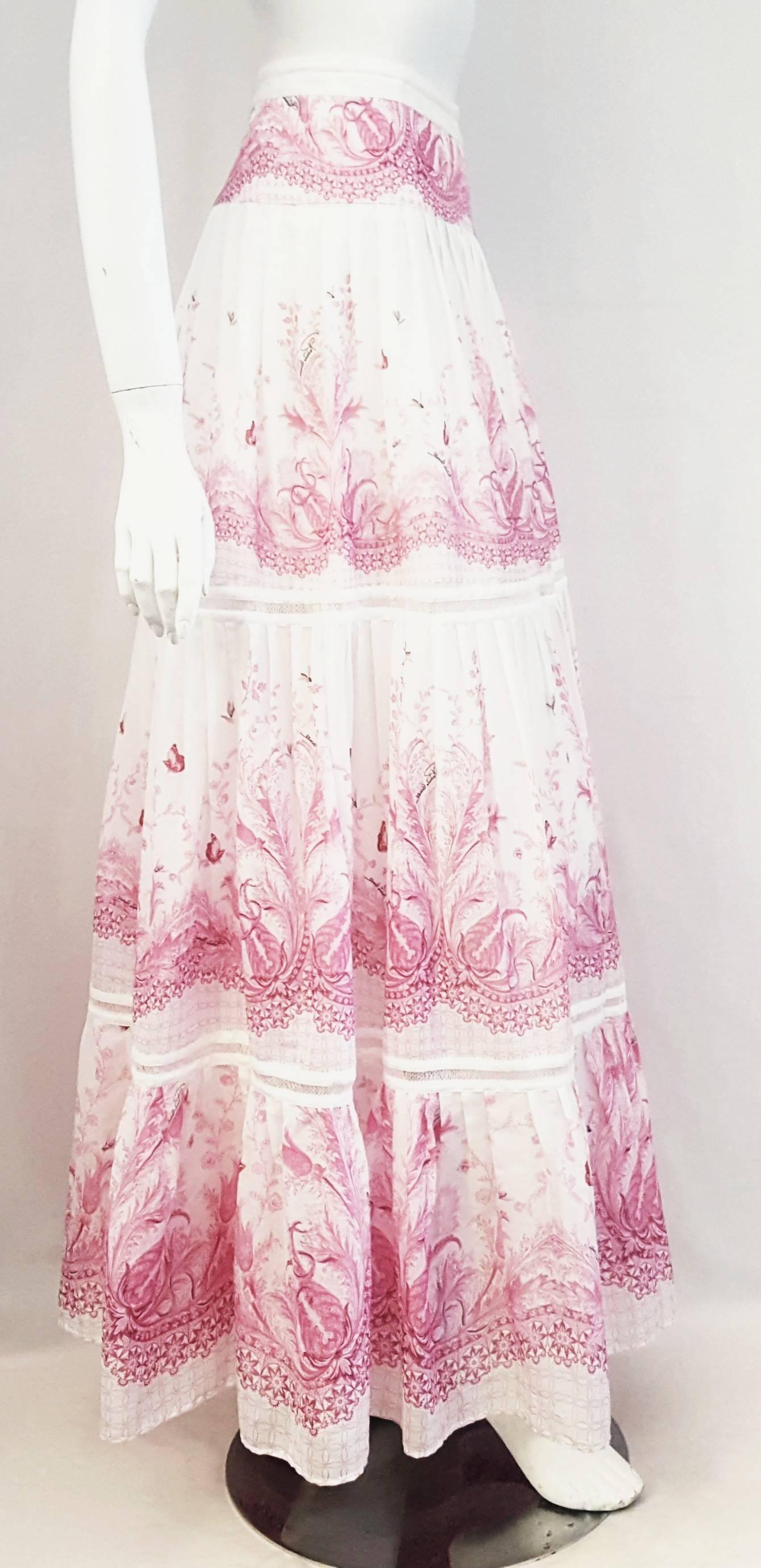 Roberto Cavalli Pink & White Pleated Cotton Voile Long Skirt In Excellent Condition In Palm Beach, FL