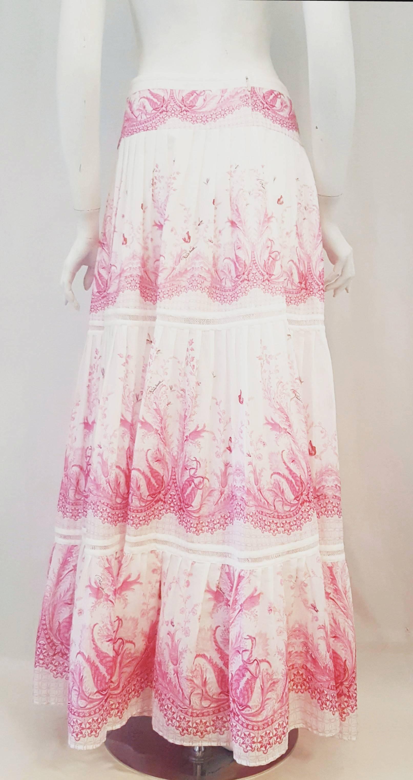 Beige Roberto Cavalli Pink & White Pleated Cotton Voile Long Skirt
