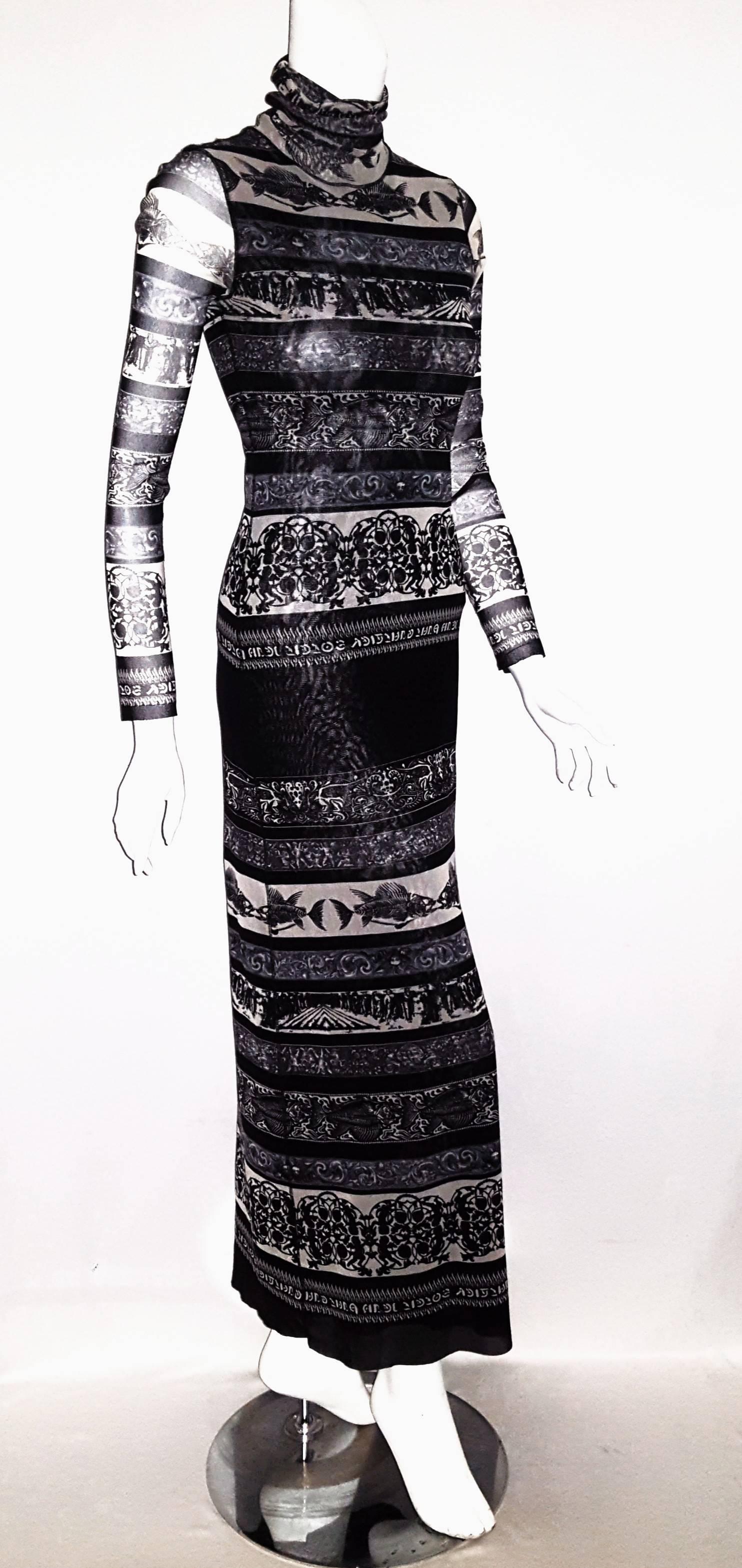 Jean Paul Gaultier Soleil Bodycon Black, Grey & Beige Mesh Abstract Print  In Excellent Condition In Palm Beach, FL