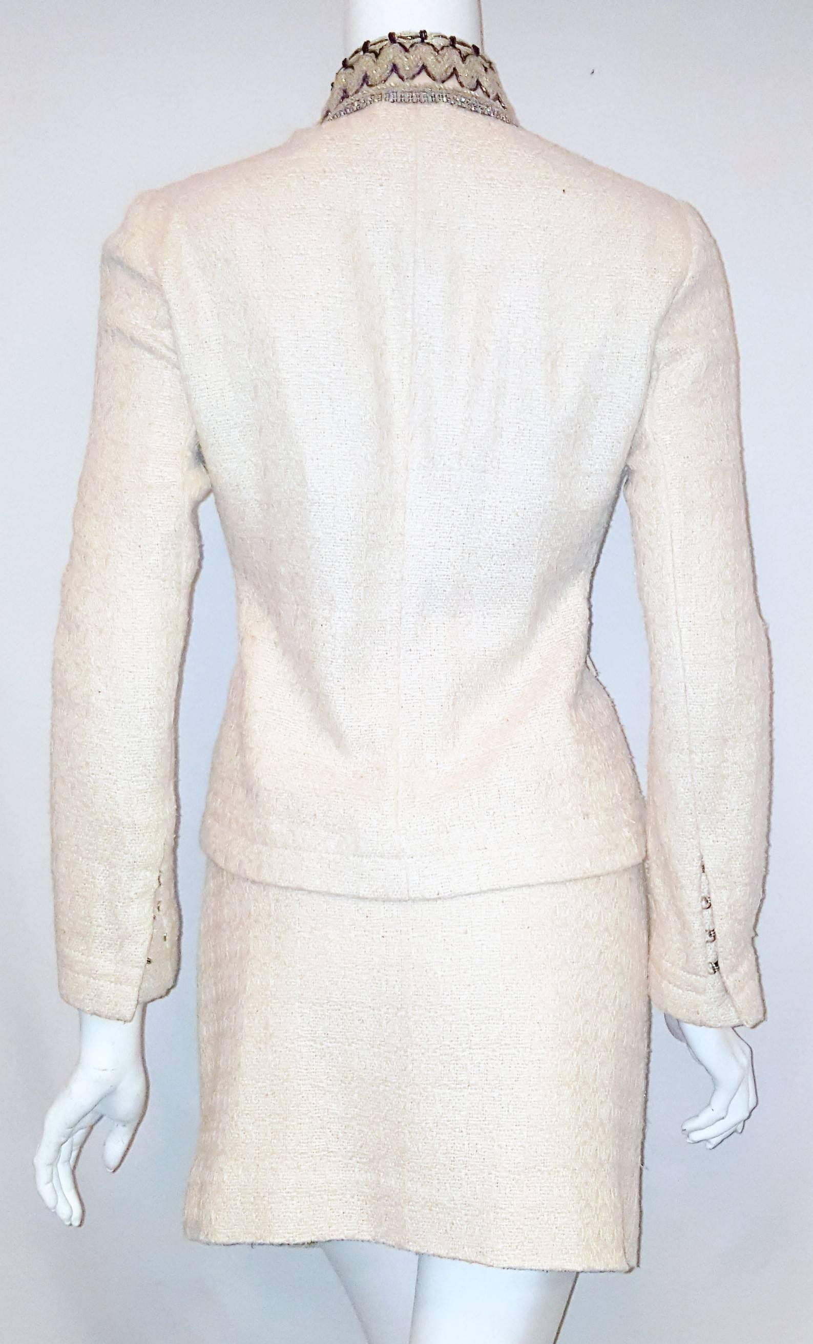 Dolce & Gabbana Silk/Cotton Beige Skirt Suit w/ Beaded Up Collar & Front Placket In Excellent Condition For Sale In Palm Beach, FL