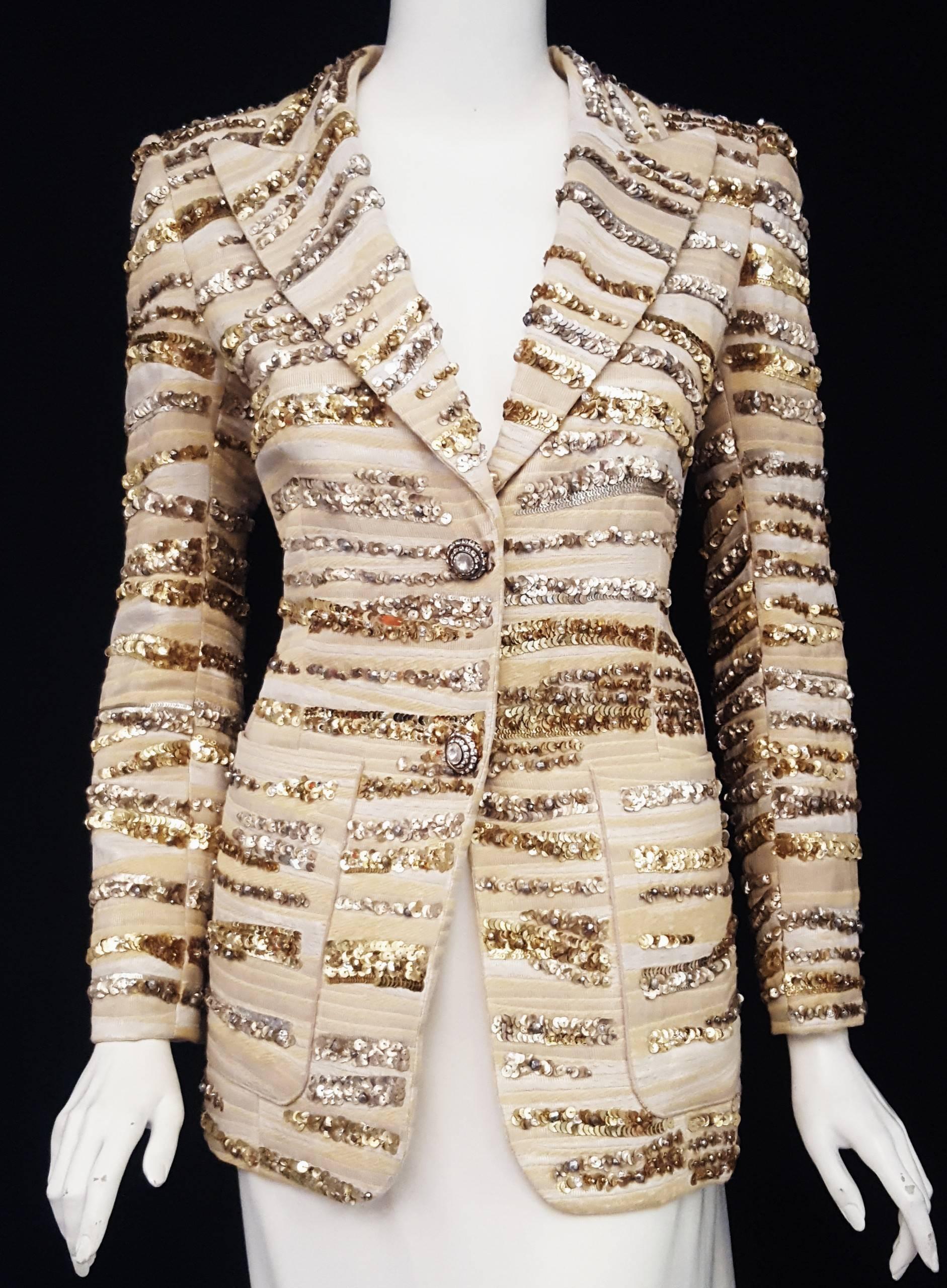 Beige Marc Jacobs Gold & Silver Tone Sequined Brocade Notch Collar Jacket Size 10 US For Sale