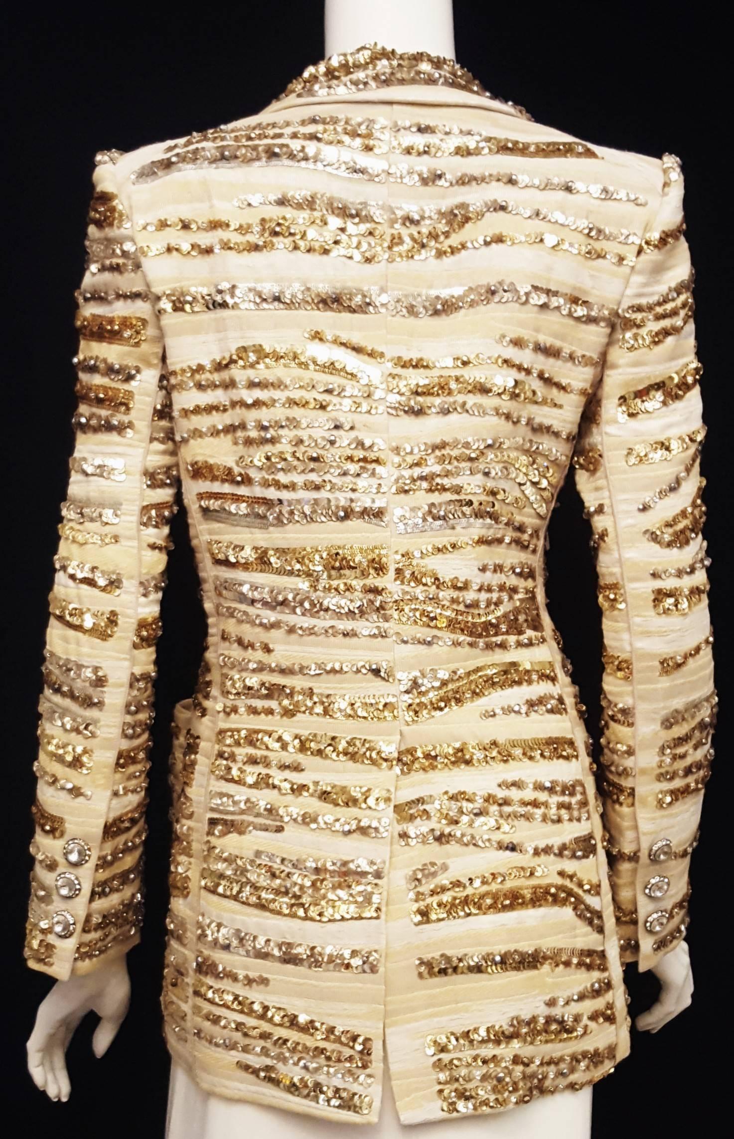 Marc Jacobs Gold & Silver Tone Sequined Brocade Notch Collar Jacket Size 10 US For Sale 1