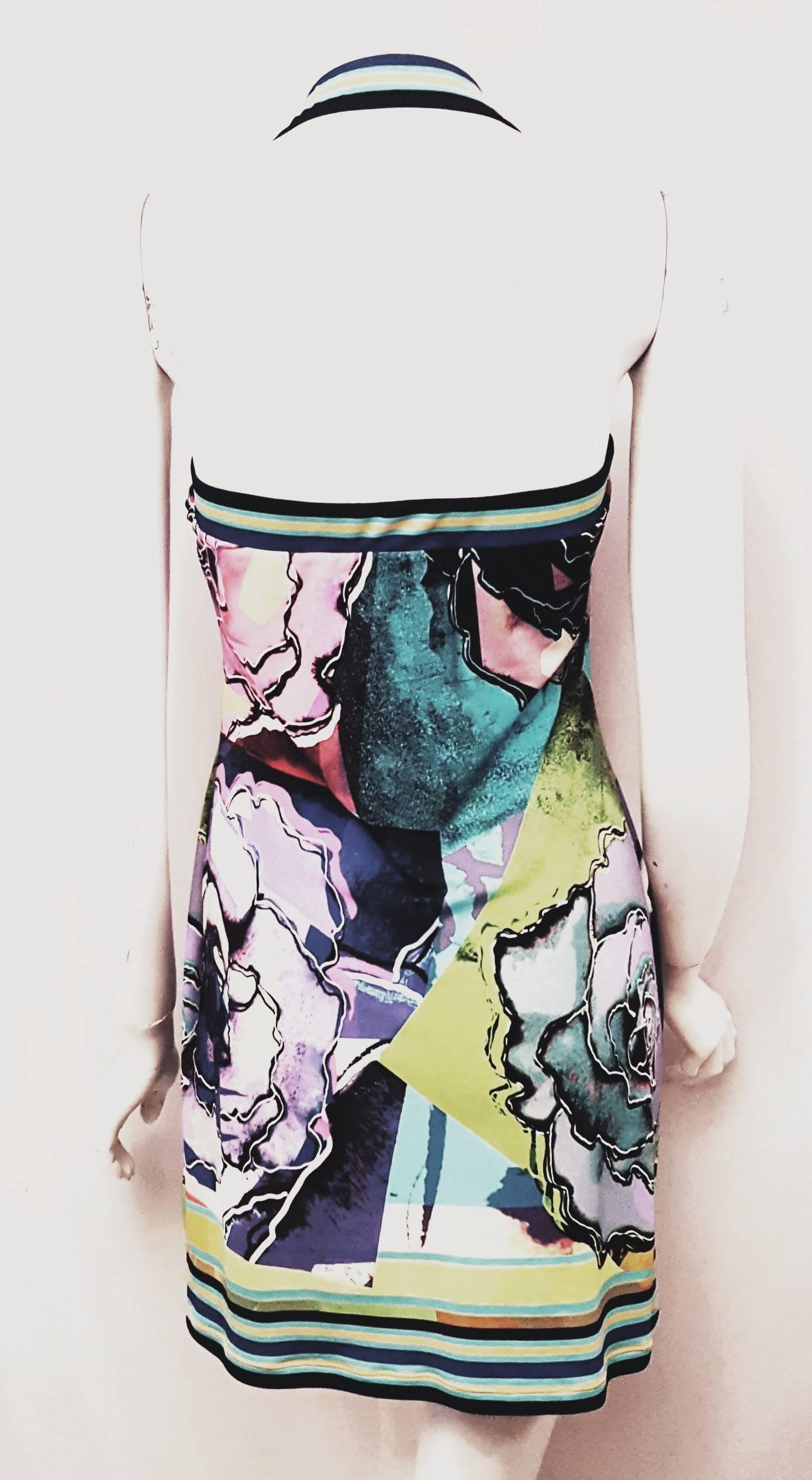 Black Roberto Cavalli Modern Floral Print Multi Color Strap Short Dress 