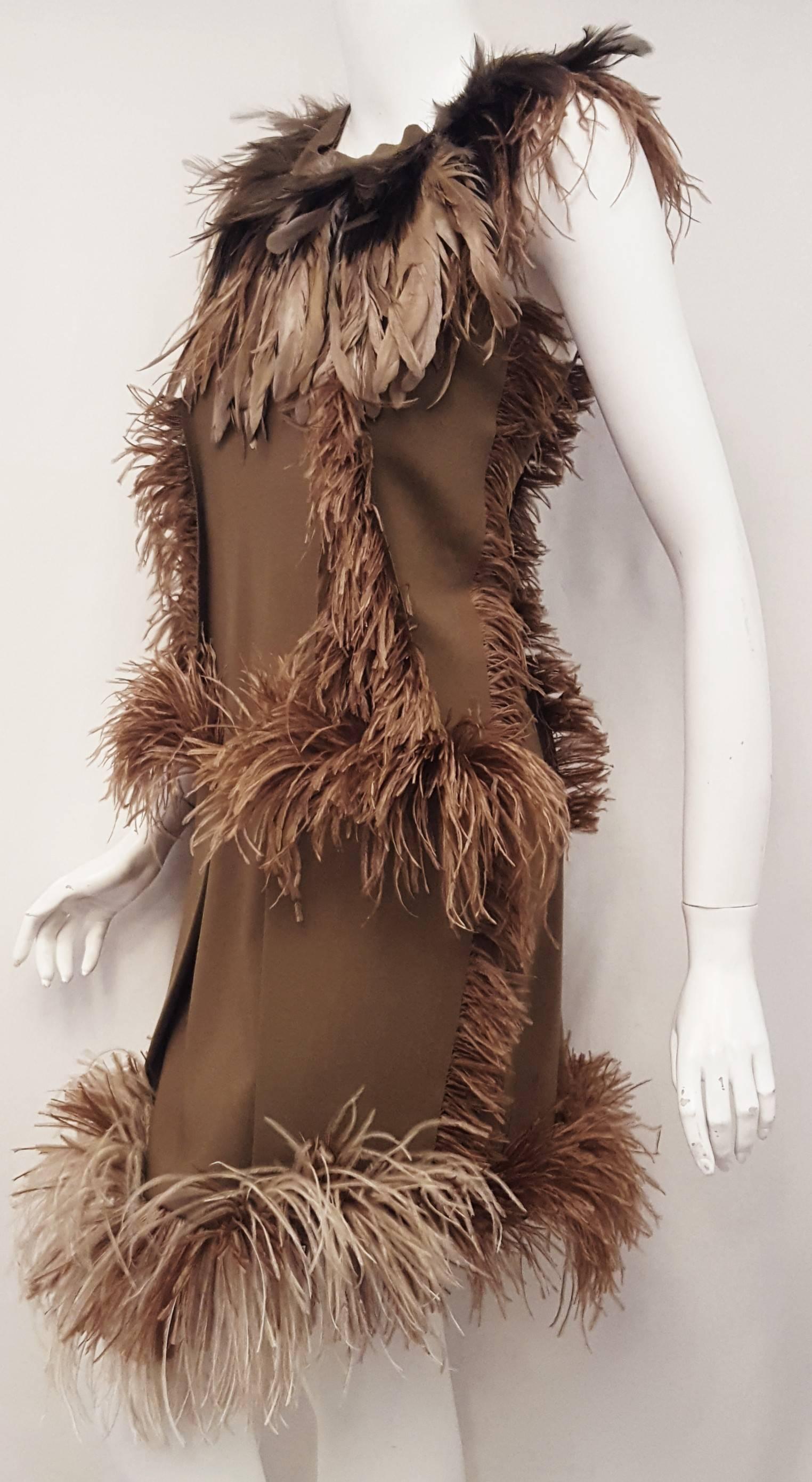 Beige Lanvin Khaki Green Inside Out Winter 2010 Runway Dress with Ostrich Feathers  For Sale
