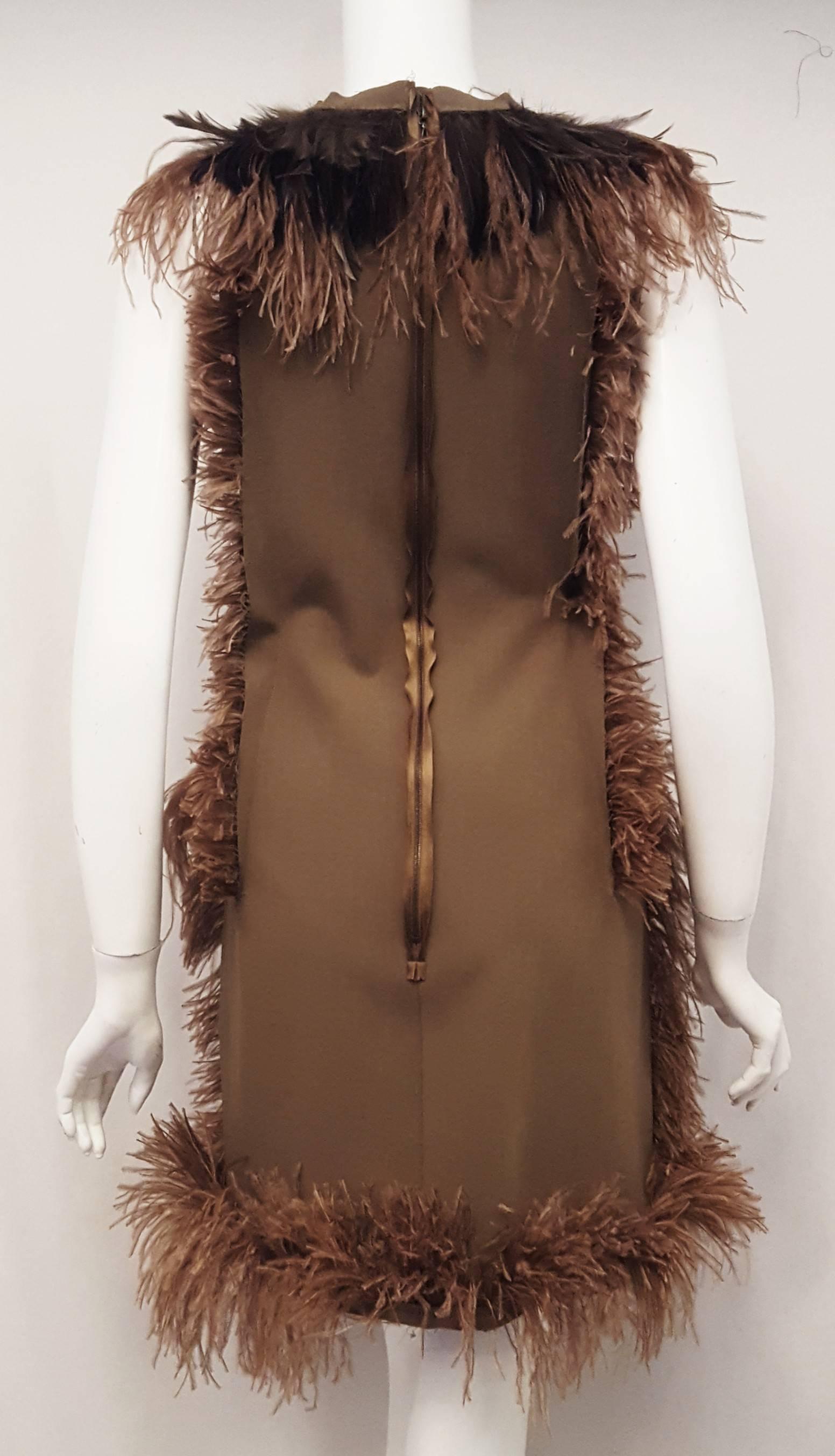 Lanvin Khaki Green Inside Out Winter 2010 Runway Dress with Ostrich Feathers  In Excellent Condition For Sale In Palm Beach, FL