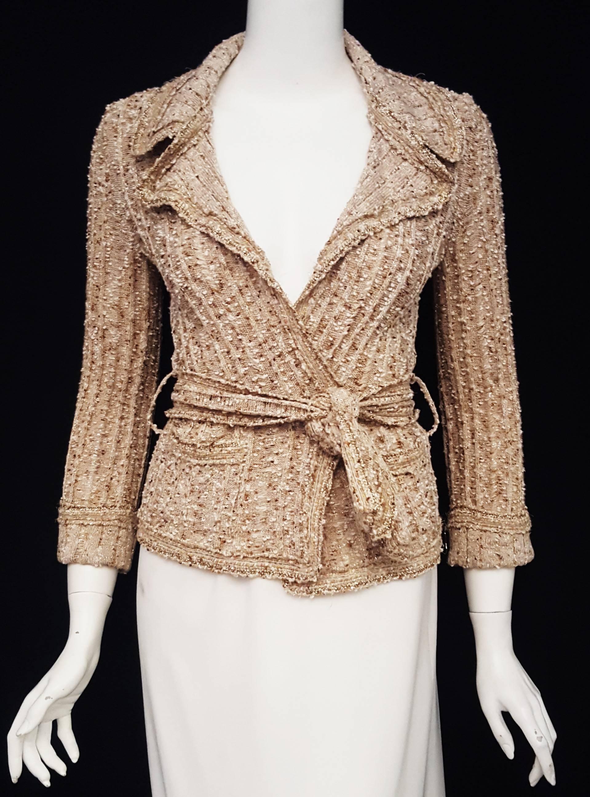 Chanel Beige, Copper & Gold Tone Cotton Blend Knit Sweater Jacket from Spring 06 In Excellent Condition In Palm Beach, FL