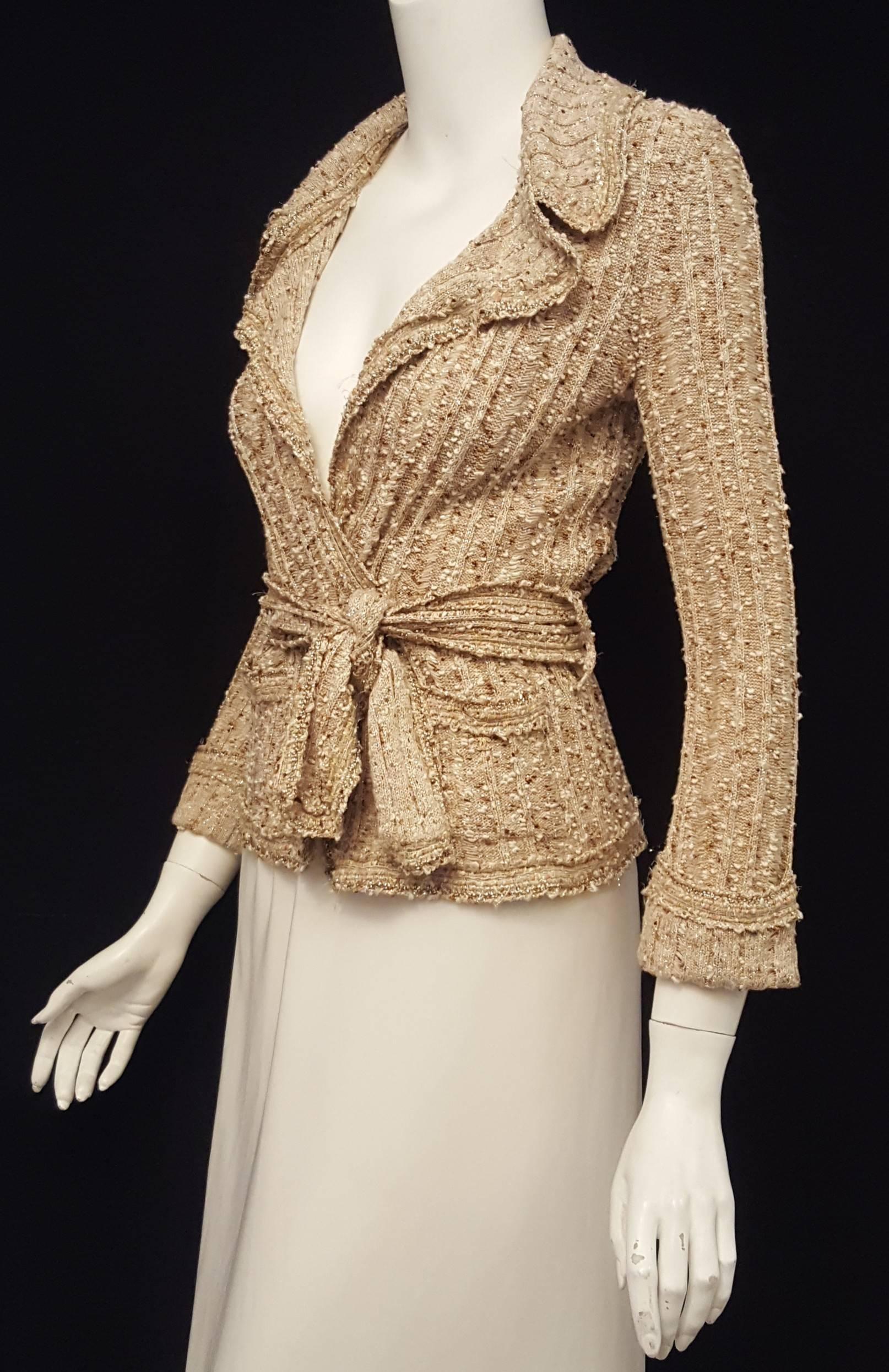 Chanel beige, copper and gold tone cotton blend knit  sweater jacket features 3/4 