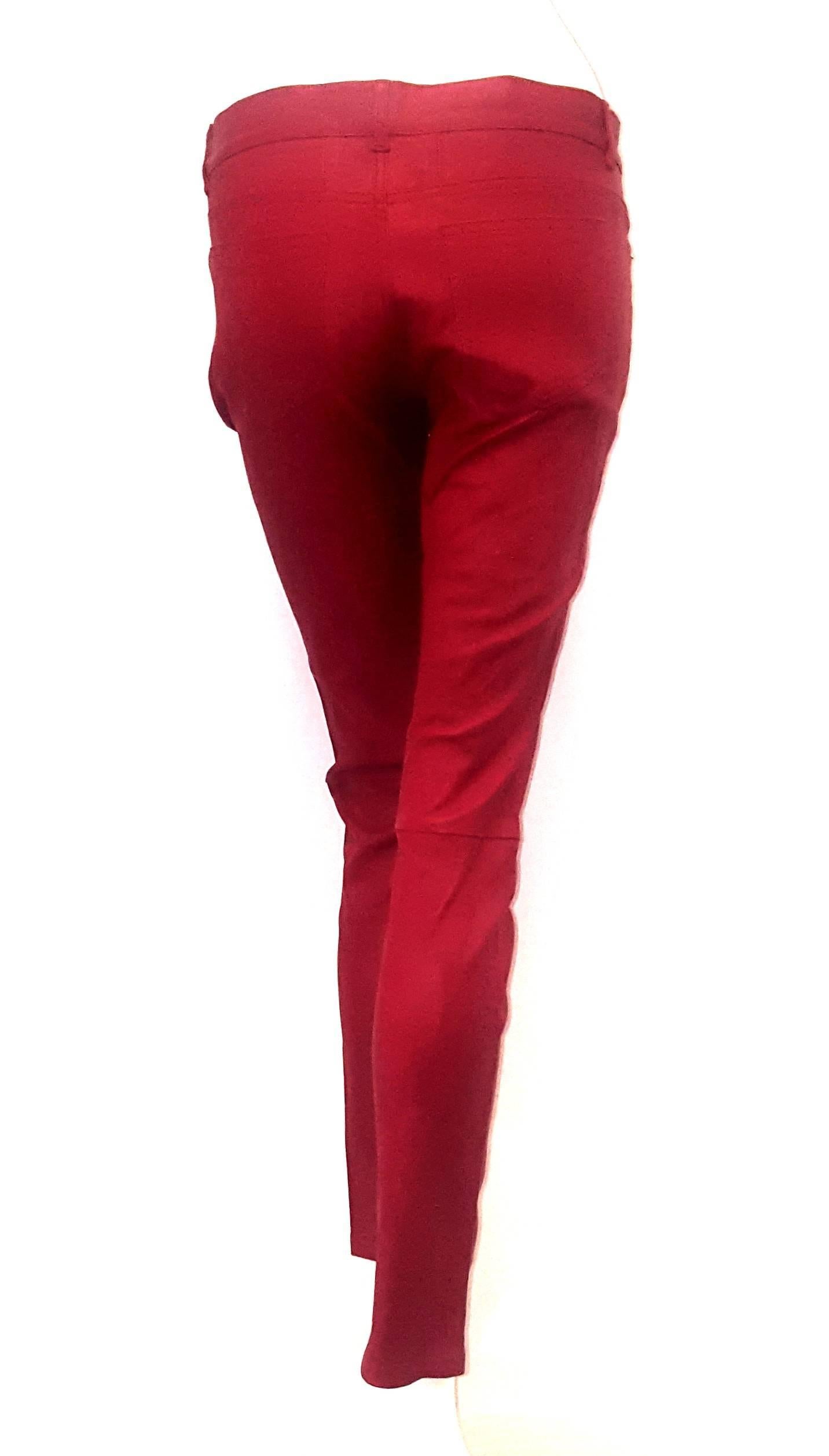 Saint Laurent Red Lambskin Leather Slightly Stretchy Jeans  In Excellent Condition In Palm Beach, FL