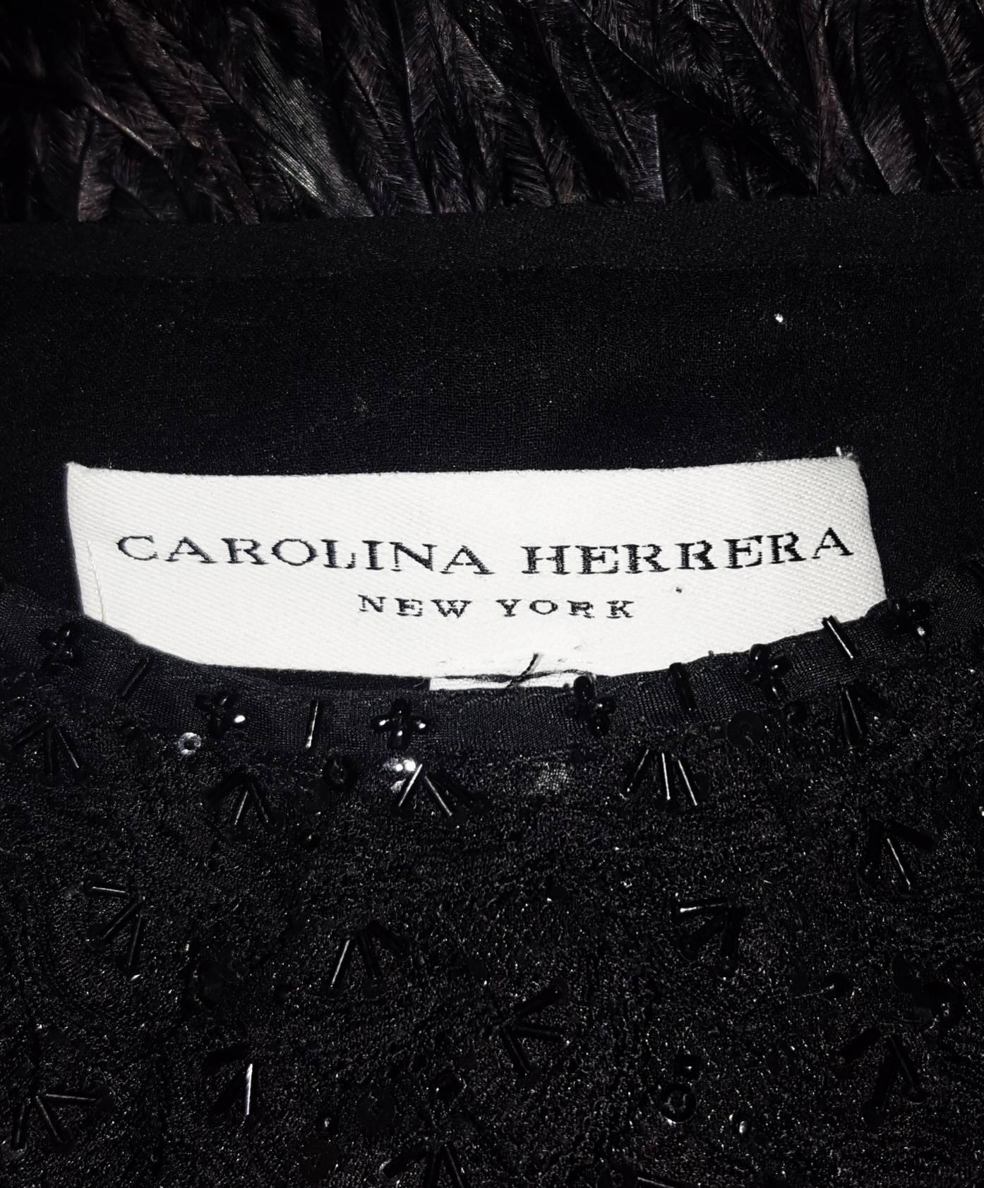 Carolina Herrera Black Beaded Sleeveless Top w/ Ostrich Feathers Trim on Waist  1