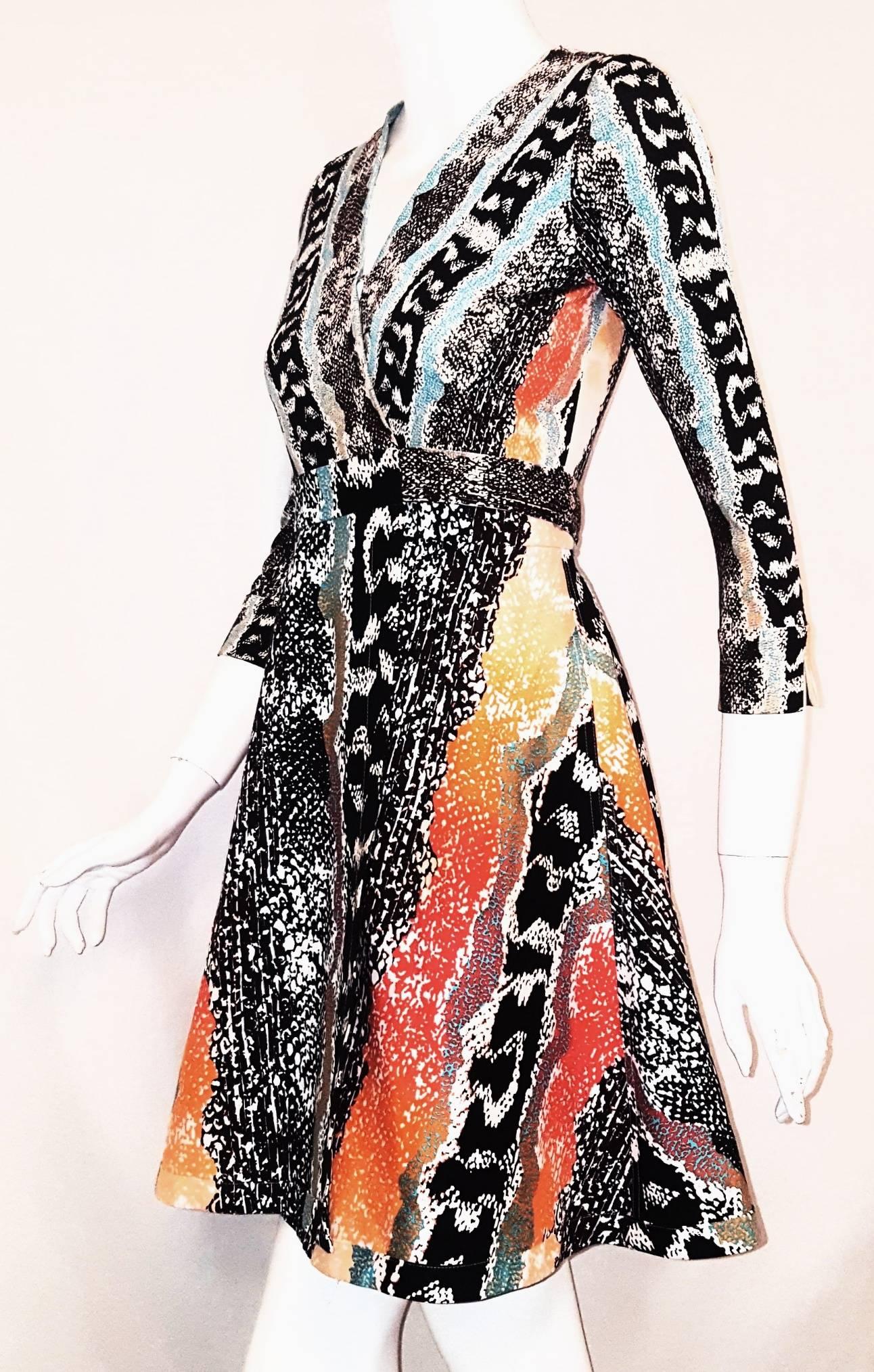 Brown Diane von Furstenberg Classic Wrap Dress Multicolor Print Dress 3/4 Sleeves 