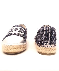 Chanel Navy & Grey Tweed With Silver Cap Toe Espadrilles