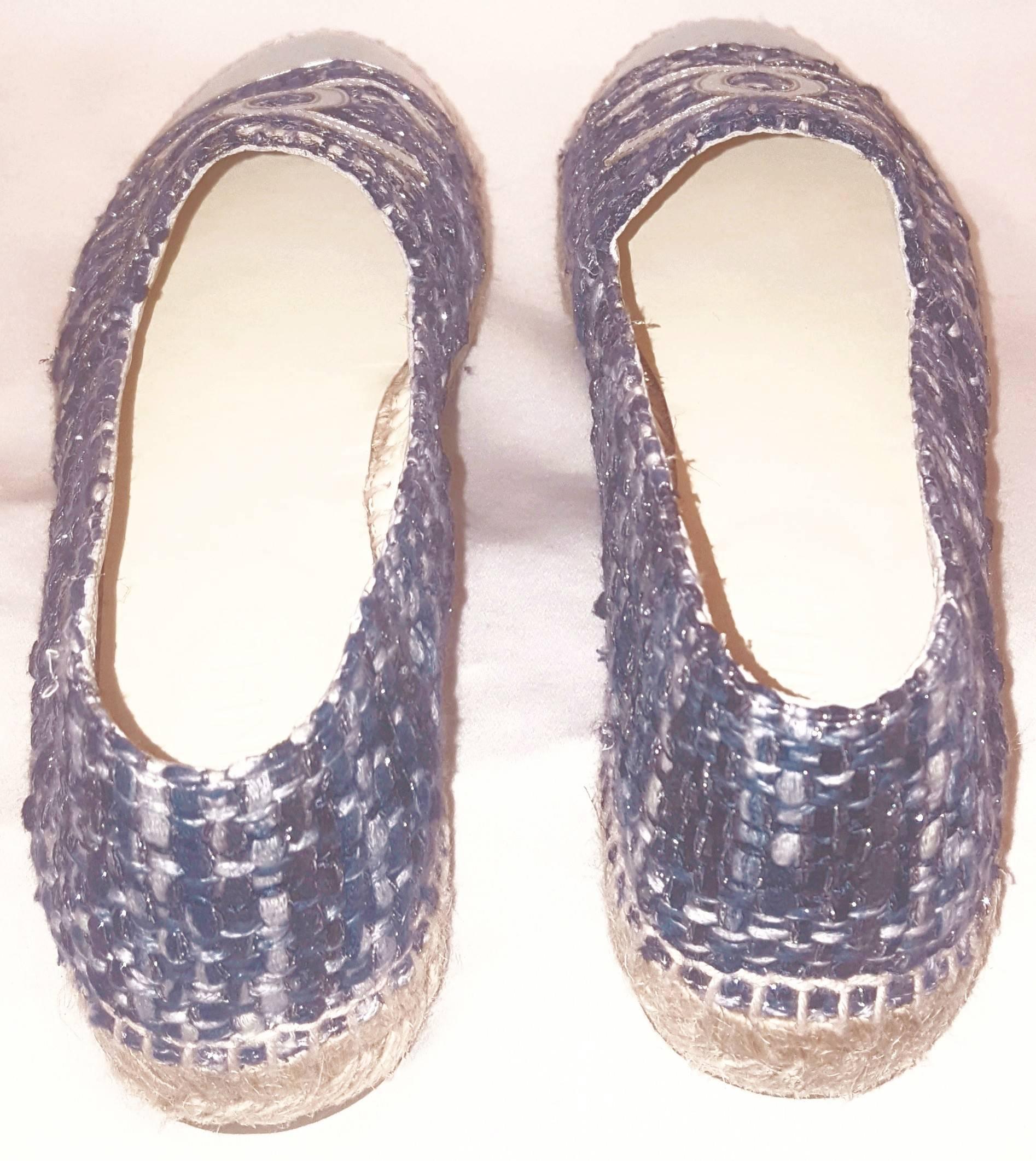Chanel Navy & Grey Tweed With Silver Cap Toe Espadrilles In Excellent Condition In Palm Beach, FL