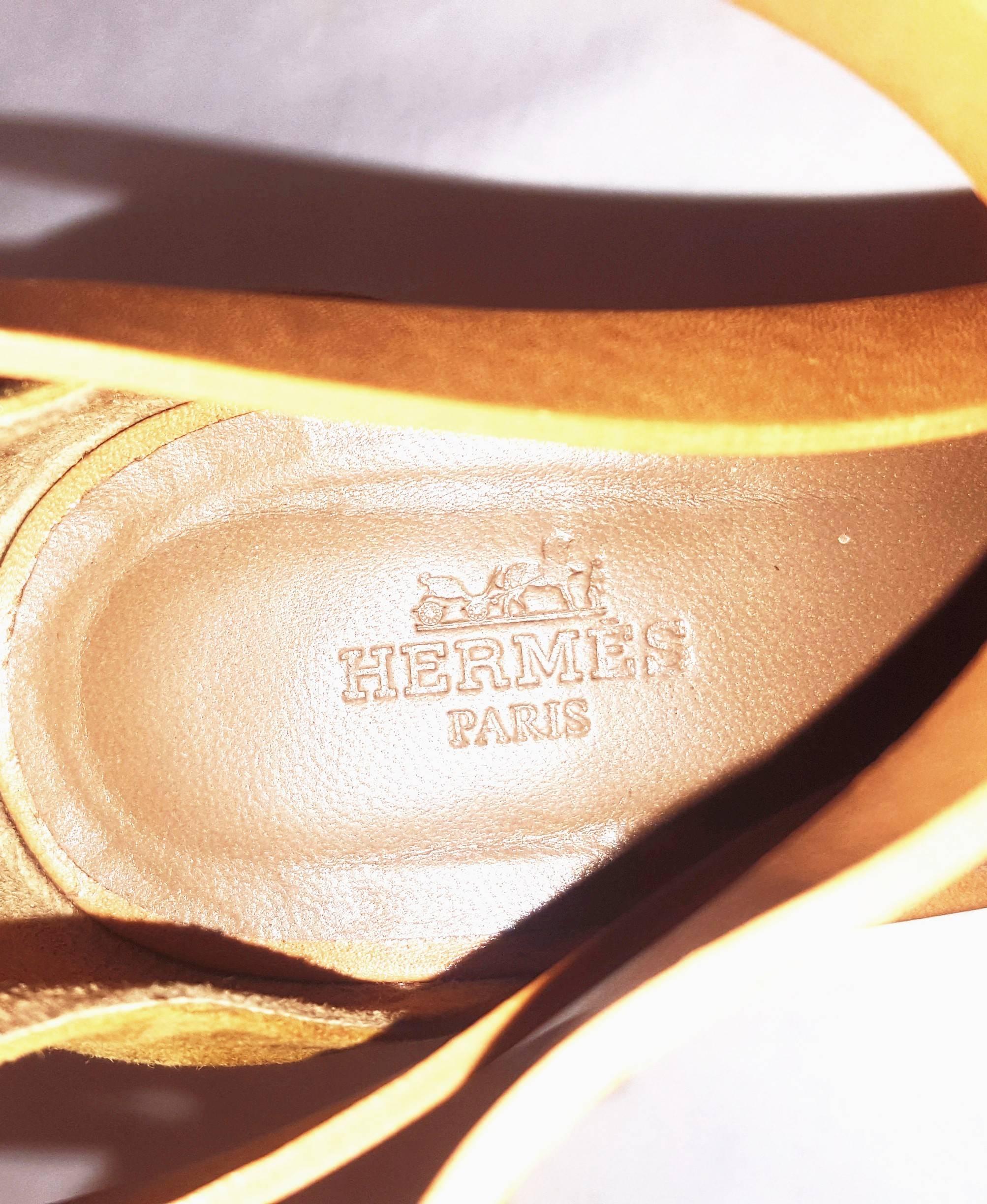 Brown Hermes Tan Suede and Leather Wooden Wedge Ibiza Sandals