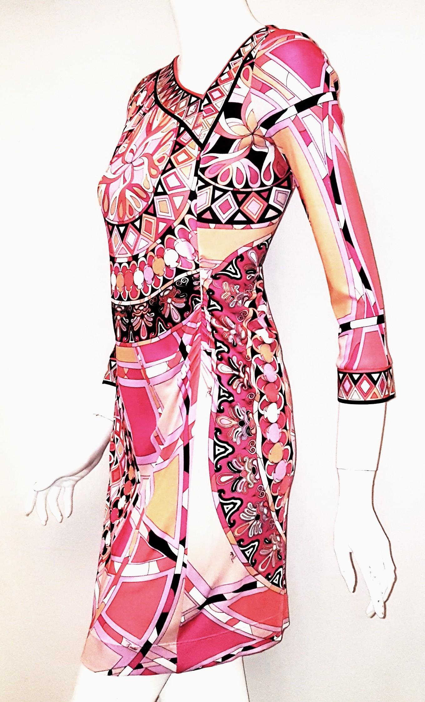 Women's Emilio Pucci Pink Asymmetric V Neck Gathered At Waist Dress