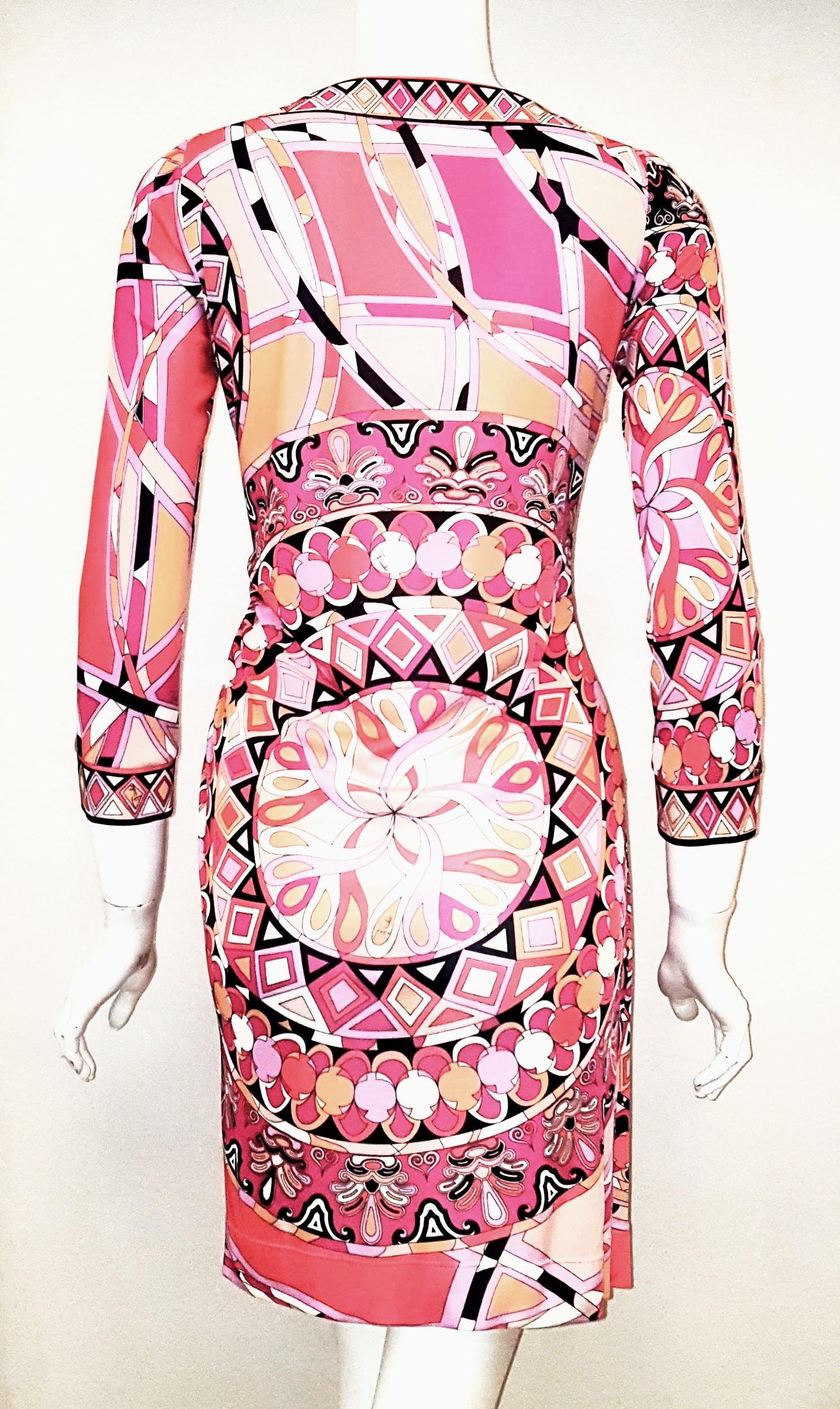 Emilio Pucci Pink Asymmetric V Neck Gathered At Waist Dress In Excellent Condition In Palm Beach, FL
