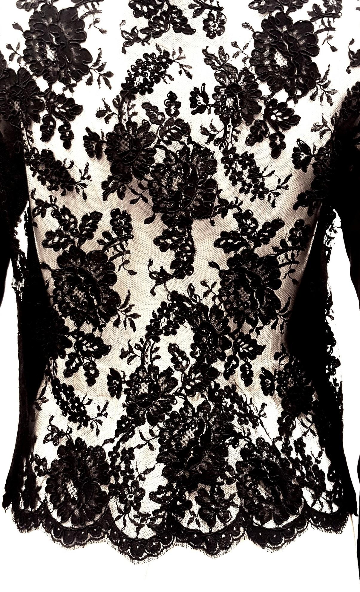 Black Valentino Satin & Lace Long Sleeve Blouse With Crystal Buttons  For Sale
