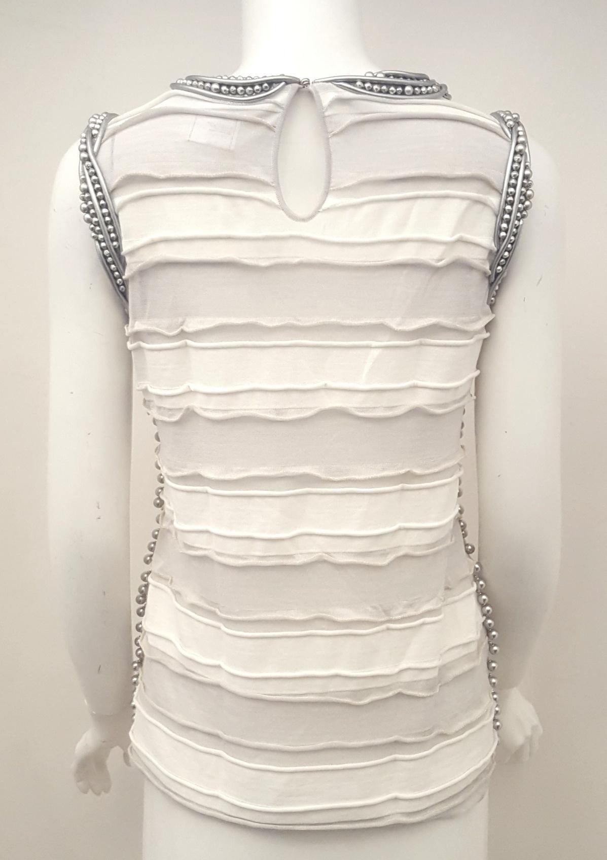 Gray Chanel White and Grey Ruched Top Embellished W/ Silver Tone Faux Pearls 