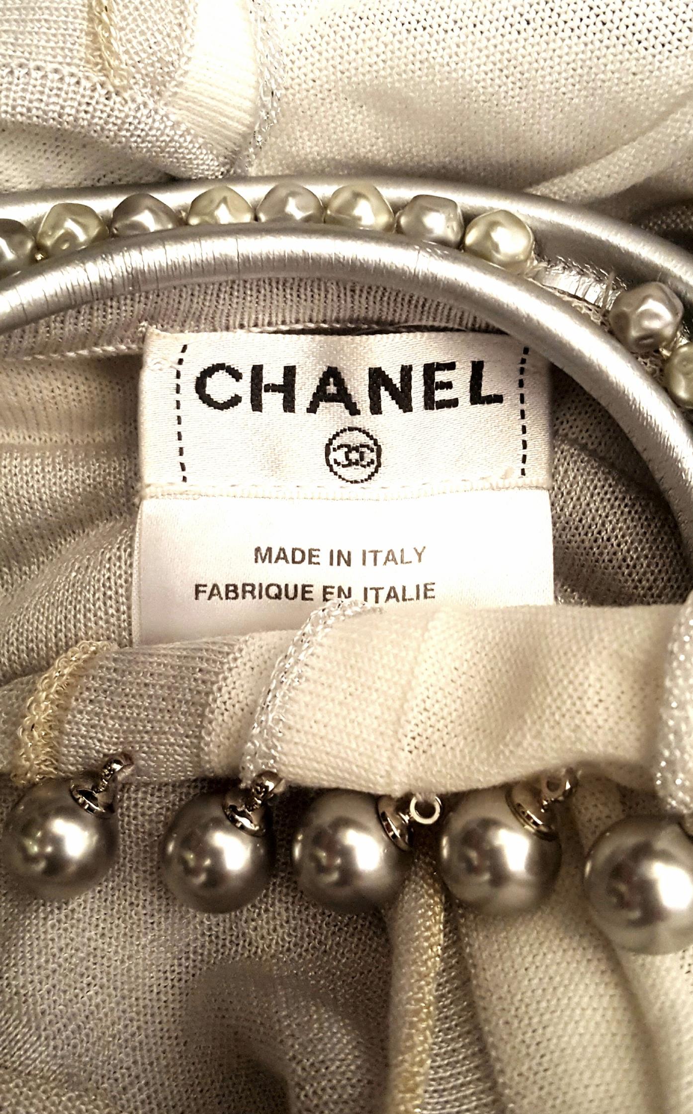 Chanel White and Grey Ruched Top Embellished W/ Silver Tone Faux Pearls  1
