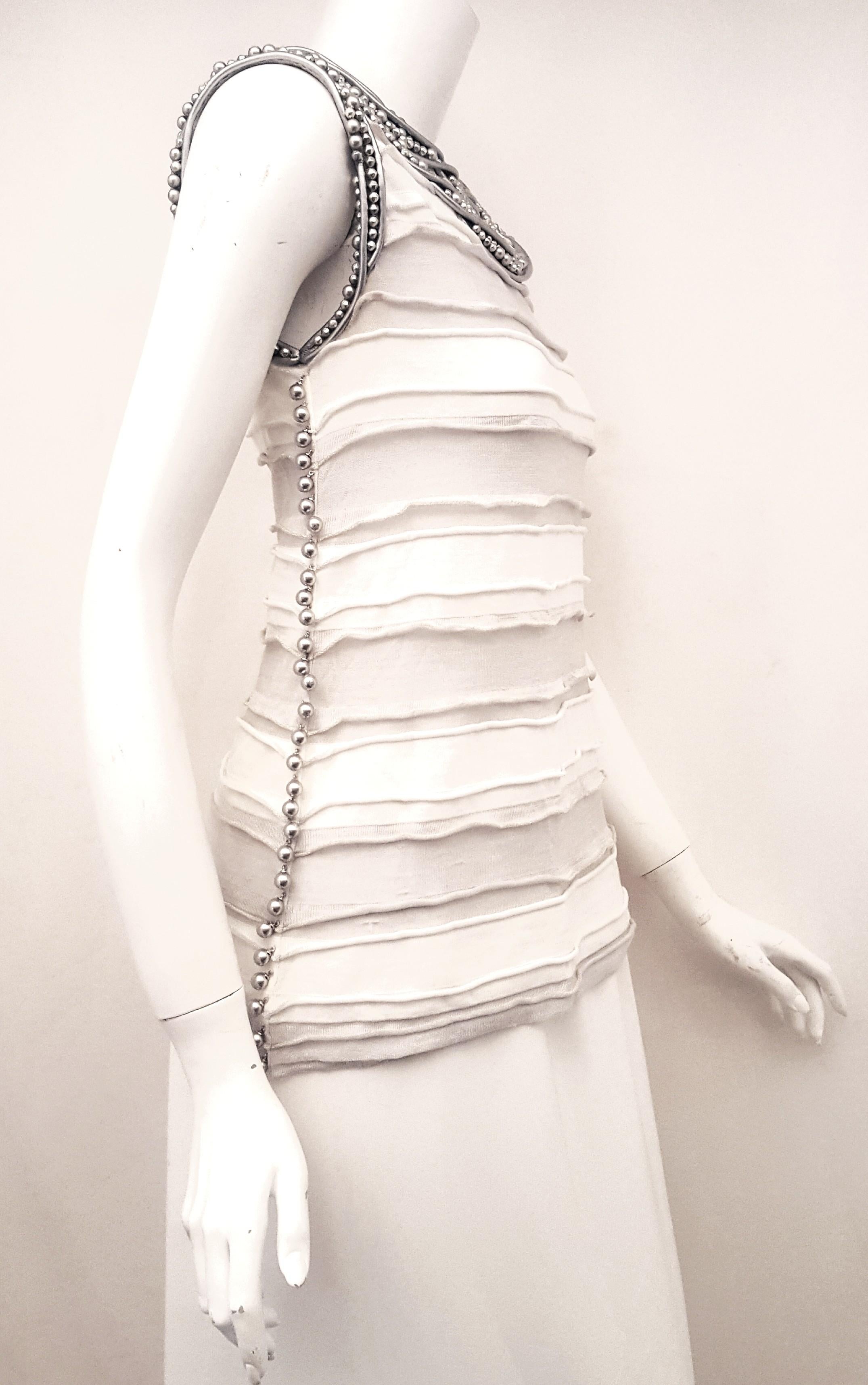 Chanel White and Grey Ruched Top Embellished W/ Silver Tone Faux Pearls  In Excellent Condition In Palm Beach, FL