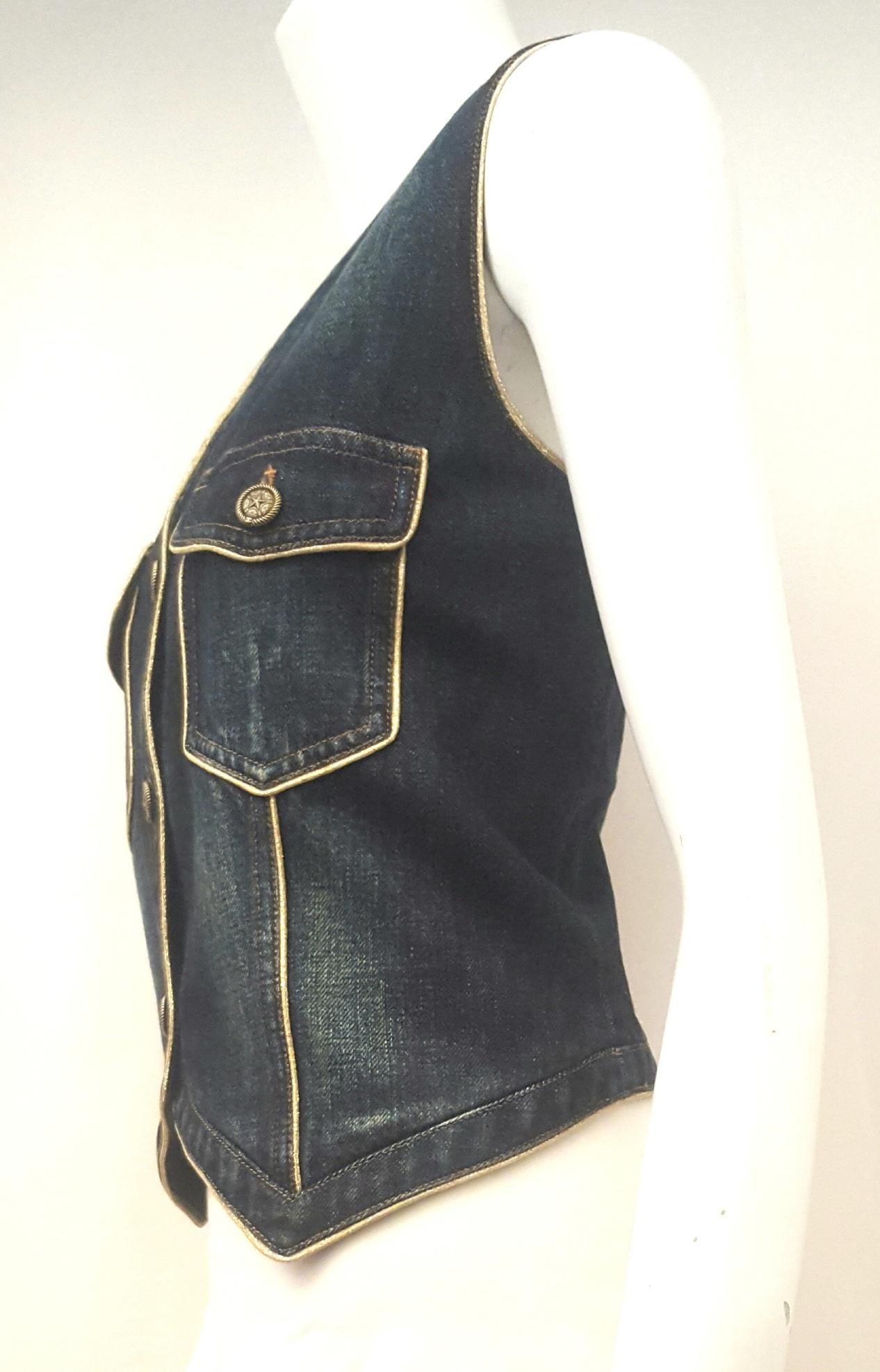 Chanel Denim Vest with Gold Tone Cord Trim  In Excellent Condition In Palm Beach, FL