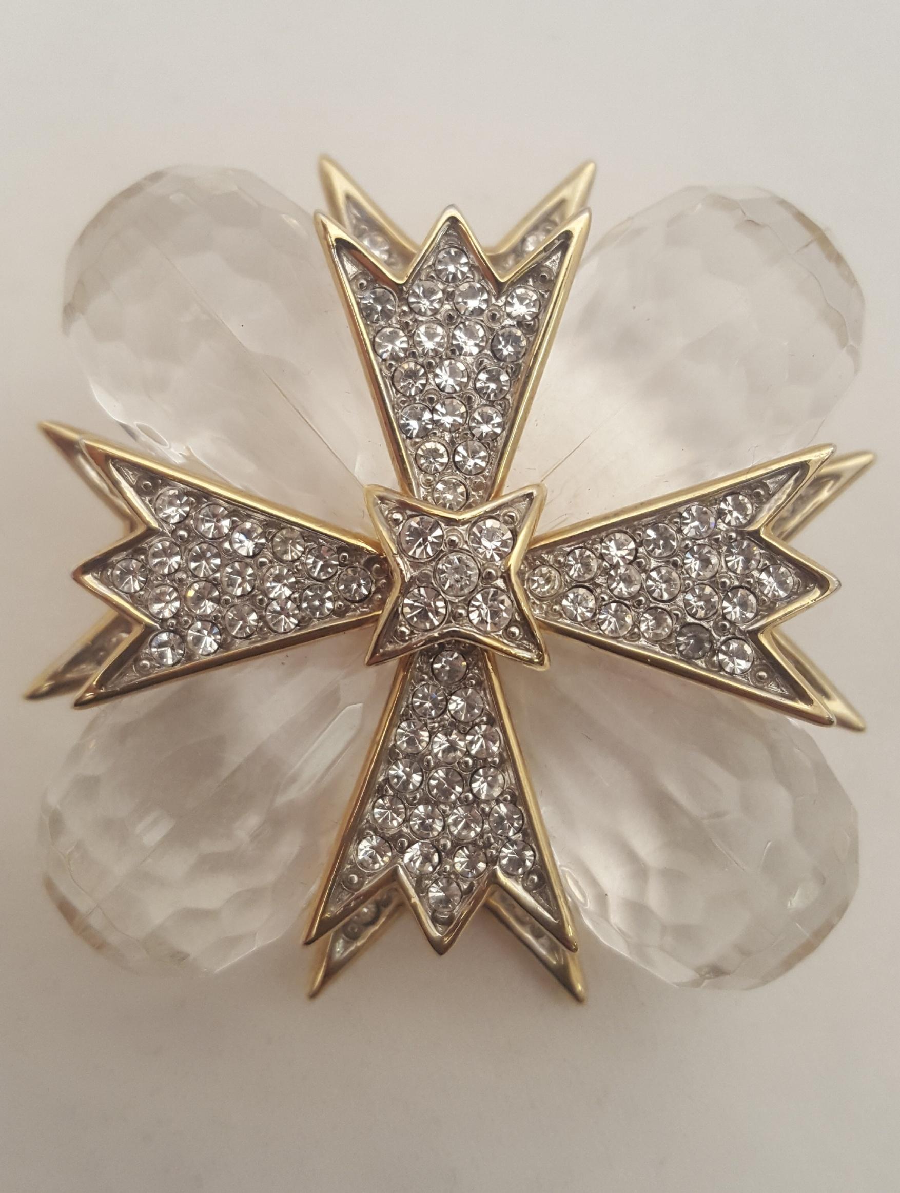 Modernist Kenneth Lane Lucite Briolettes Maltese Cross Brooch