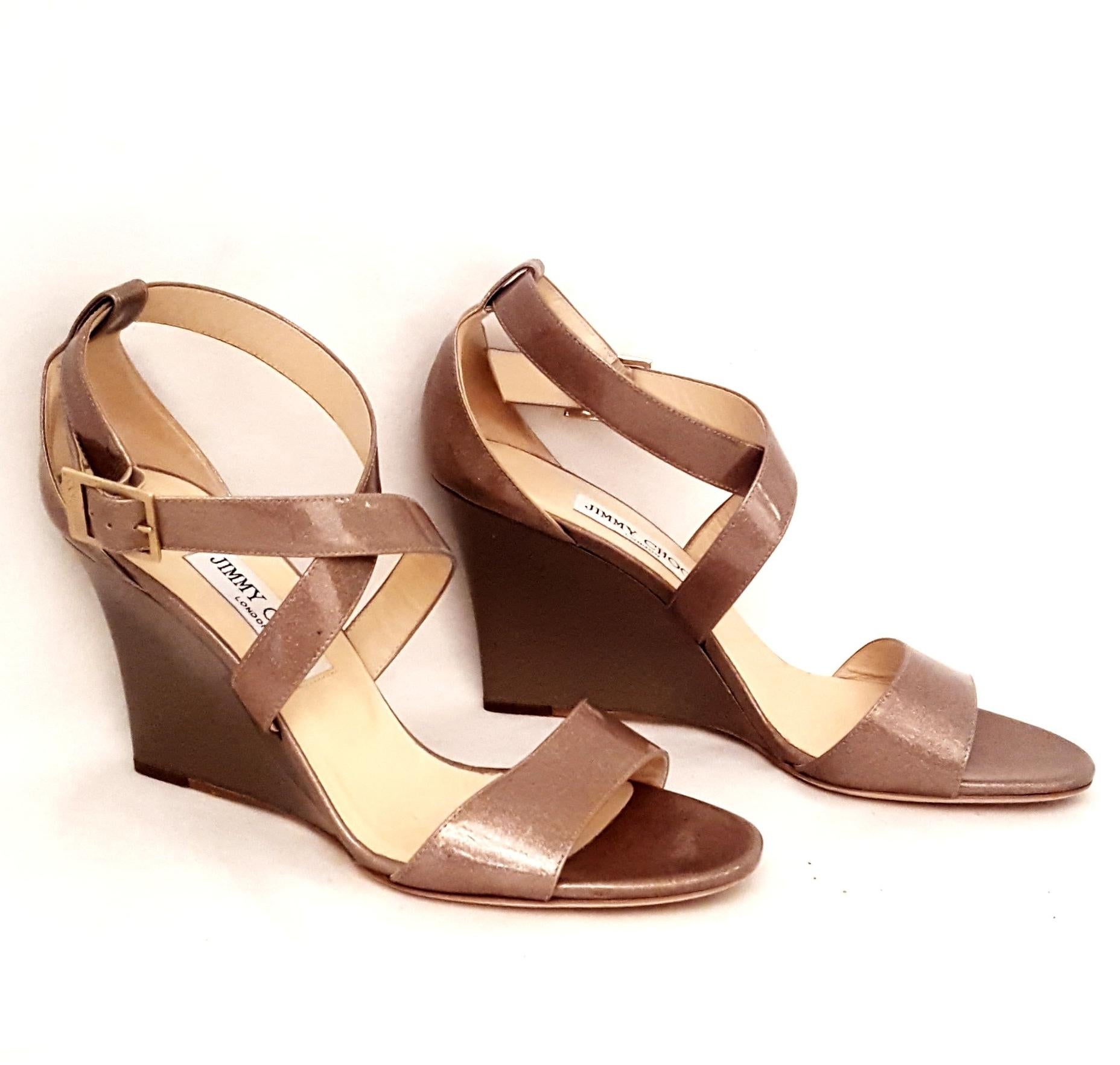 Beige Jimmy Choo Fearne Taupe Patent Leather Glitter & Criss Cross Straps Wedges
