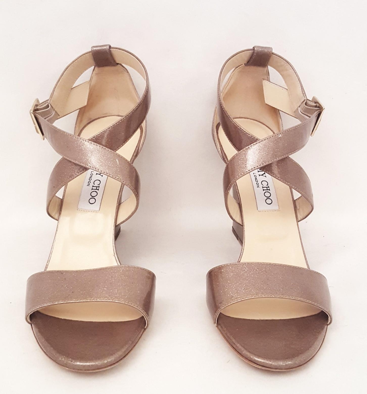 Women's Jimmy Choo Fearne Taupe Patent Leather Glitter & Criss Cross Straps Wedges