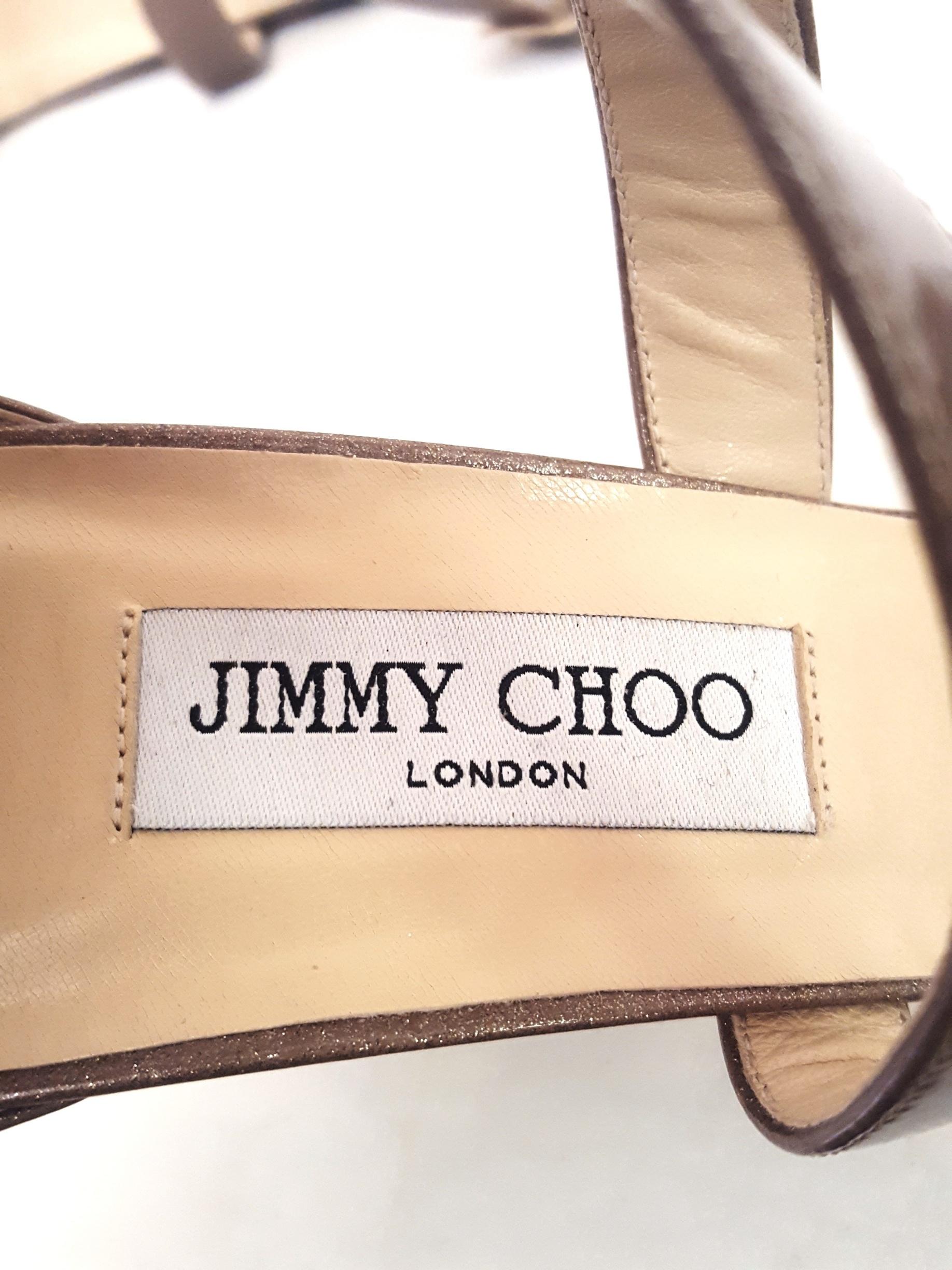 Jimmy Choo Fearne Taupe Patent Leather Glitter & Criss Cross Straps Wedges 2