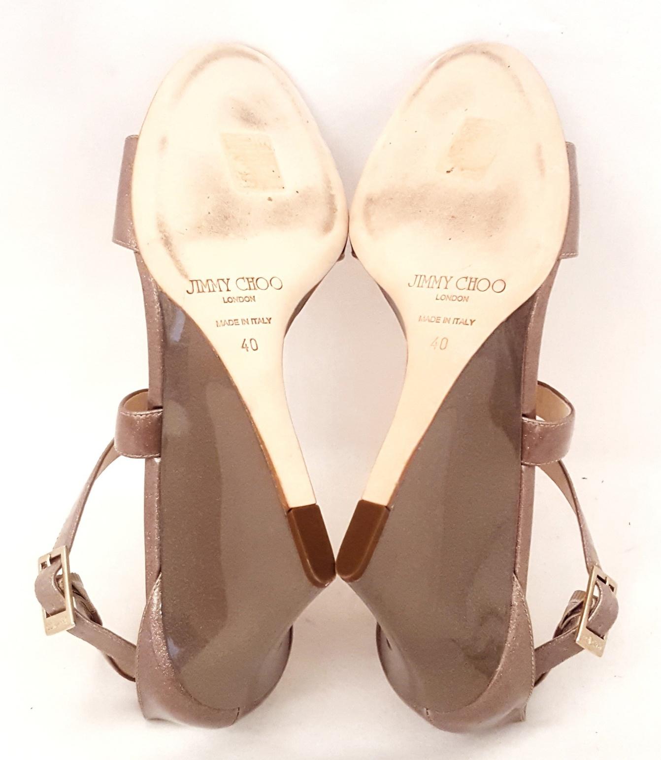 Jimmy Choo Fearne Taupe Patent Leather Glitter & Criss Cross Straps Wedges 3